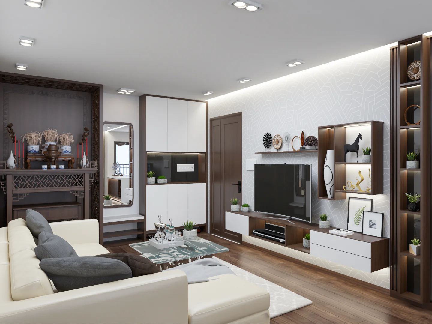 Sleek open-concept living room with white and beige furniture
