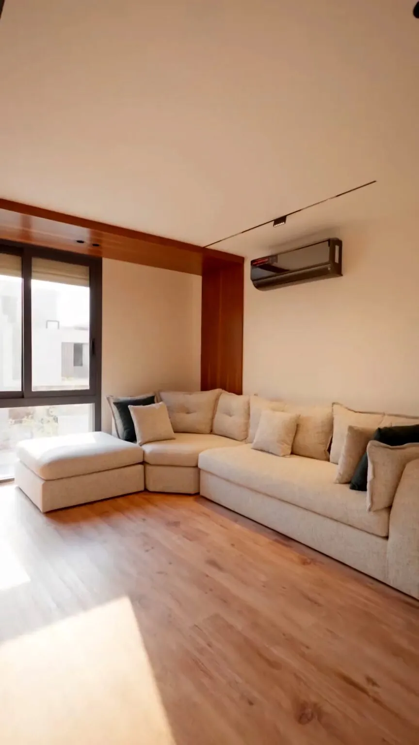 Cozy family room with a sectional sofa, wall-mounted TV, and natural light streaming through large windows.