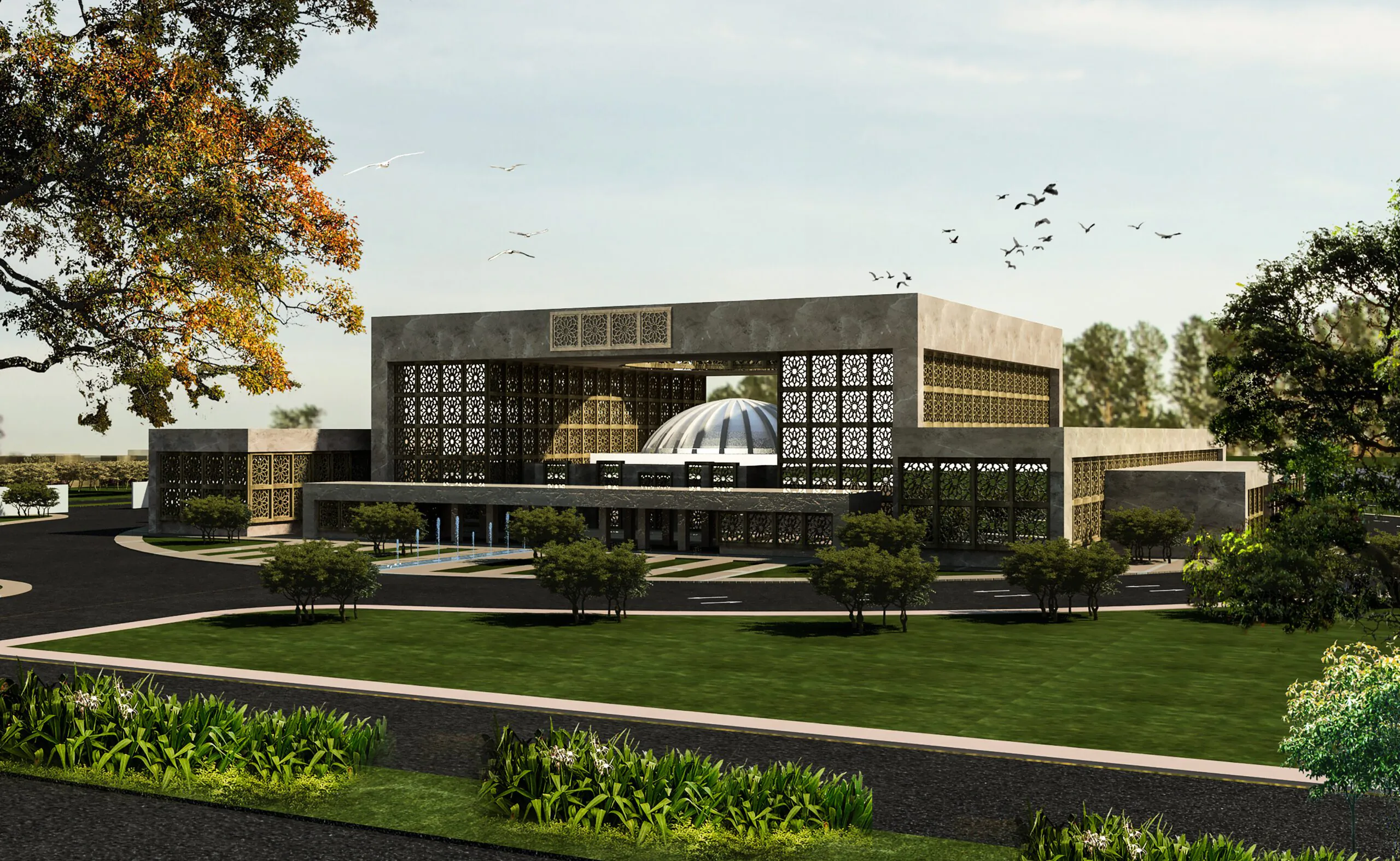 Dome-Centered Office: A modern office complex with a distinctive dome feature, surrounded by greenery and a clean, symmetrical design.