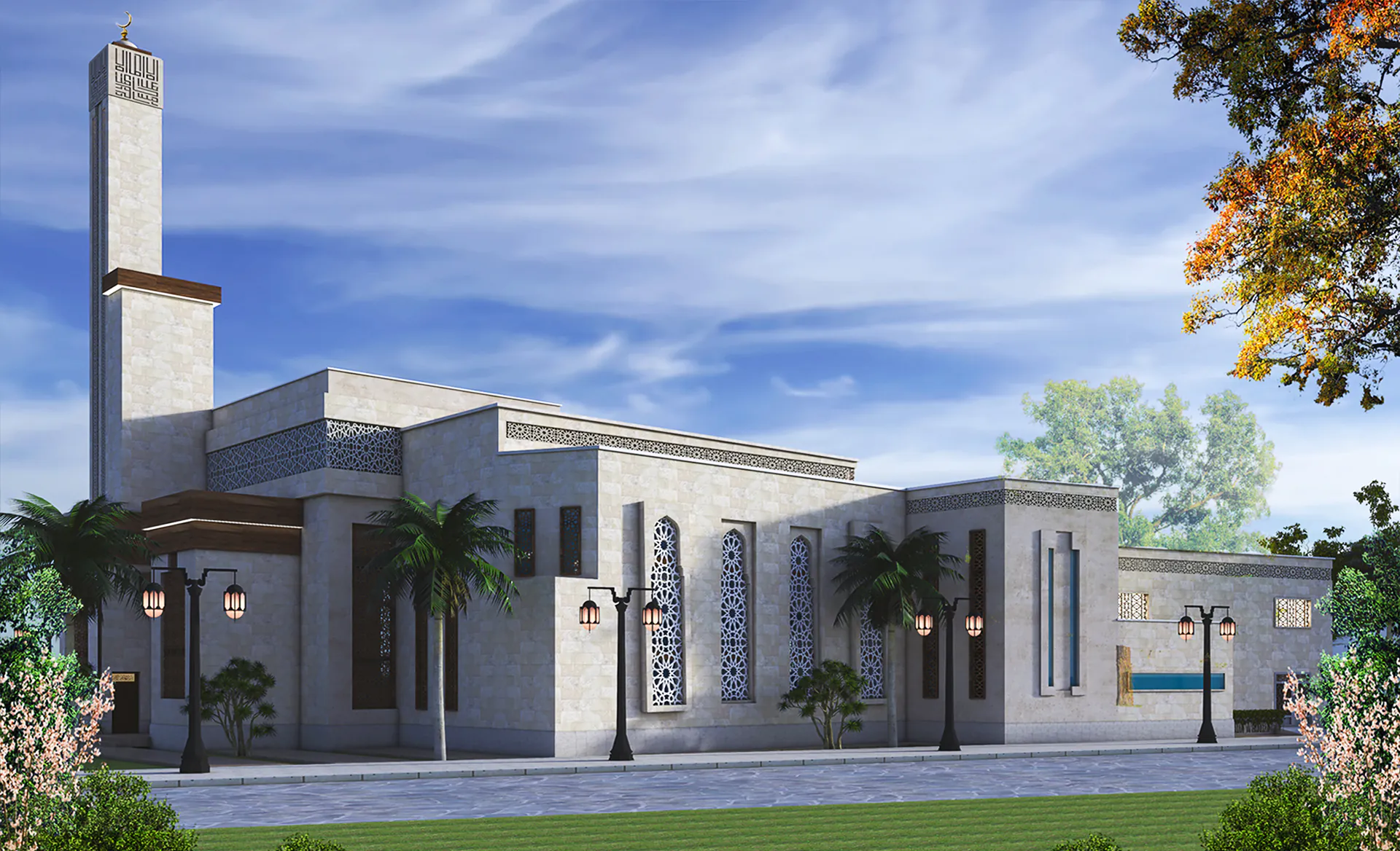 A mosque-inspired design with tall vertical features and a central dome, framed by palm trees and open skies.