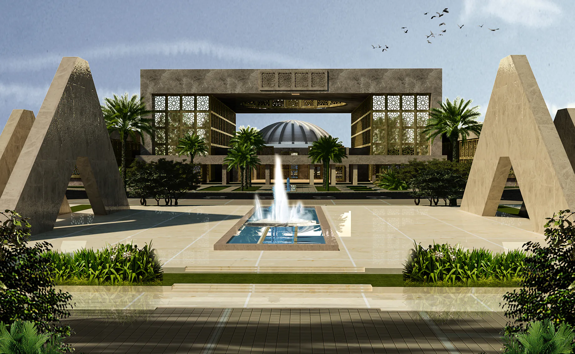 Fountain Plaza: A grand, open space featuring a striking fountain centerpiece and geometric modern architecture in the background.