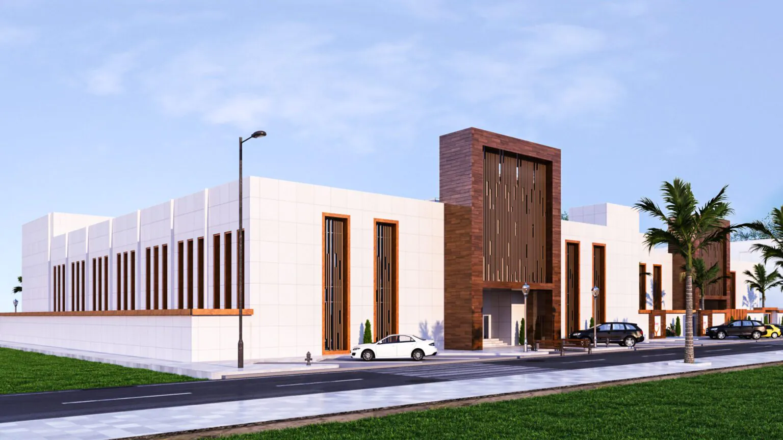 a white modern commercial building design with dark brown wooden touches