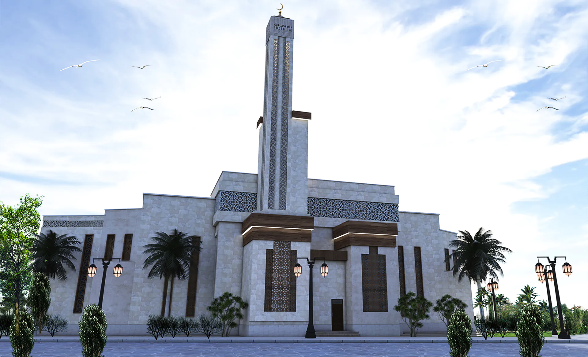 A mosque-inspired design with tall vertical features and a central dome, framed by palm trees and open skies.