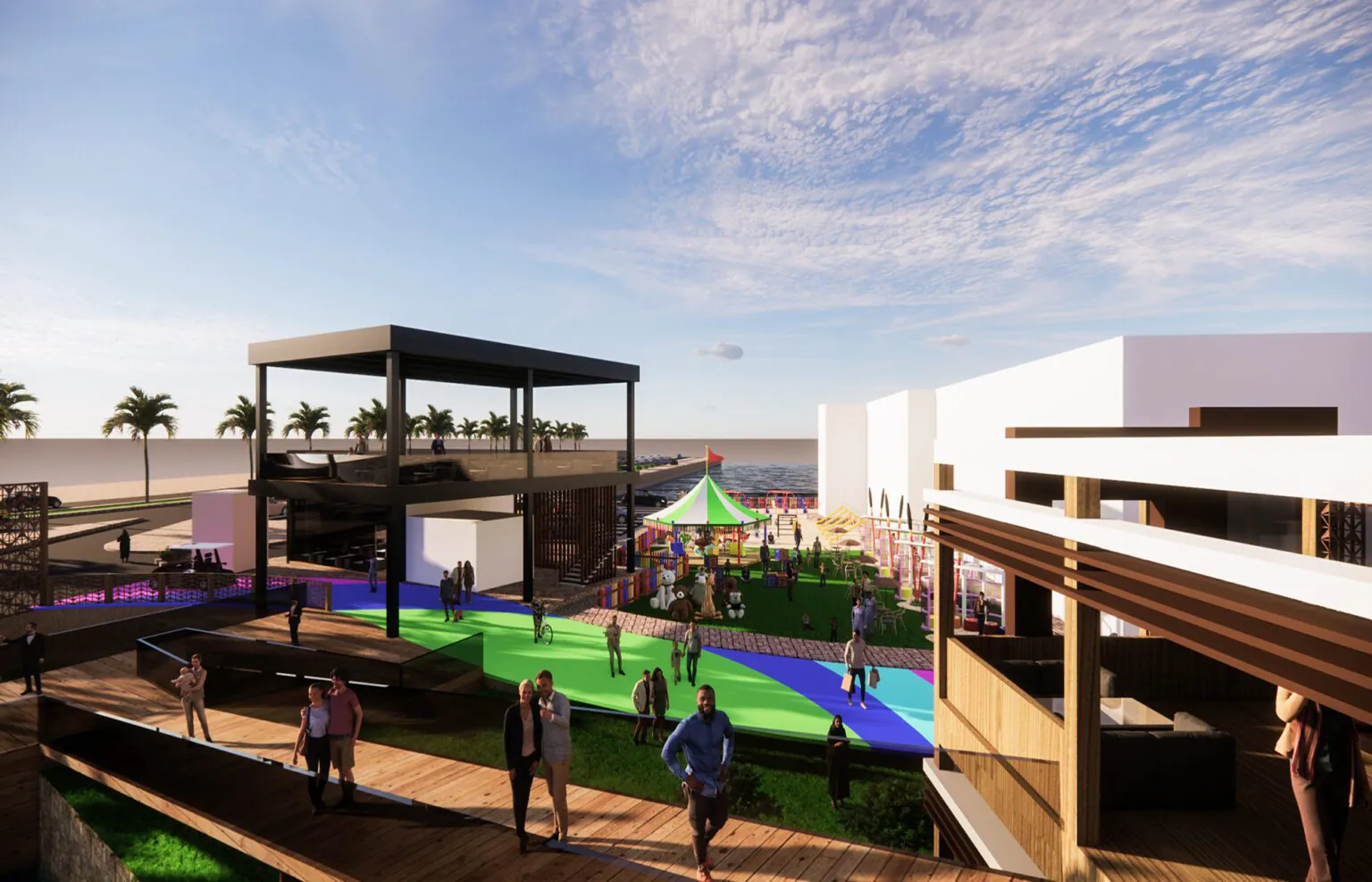 Play Area and Event Space: A colorful outdoor recreational area with open spaces, play structures, and seating for families or community activities. The design is vibrant and welcoming.