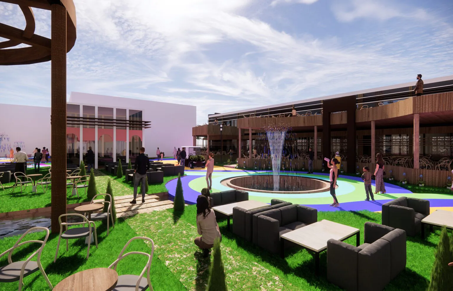 Community Courtyard: A vibrant outdoor courtyard with a central fountain, lush green lawns, and seating areas. The space is lively, designed for gatherings and community events.