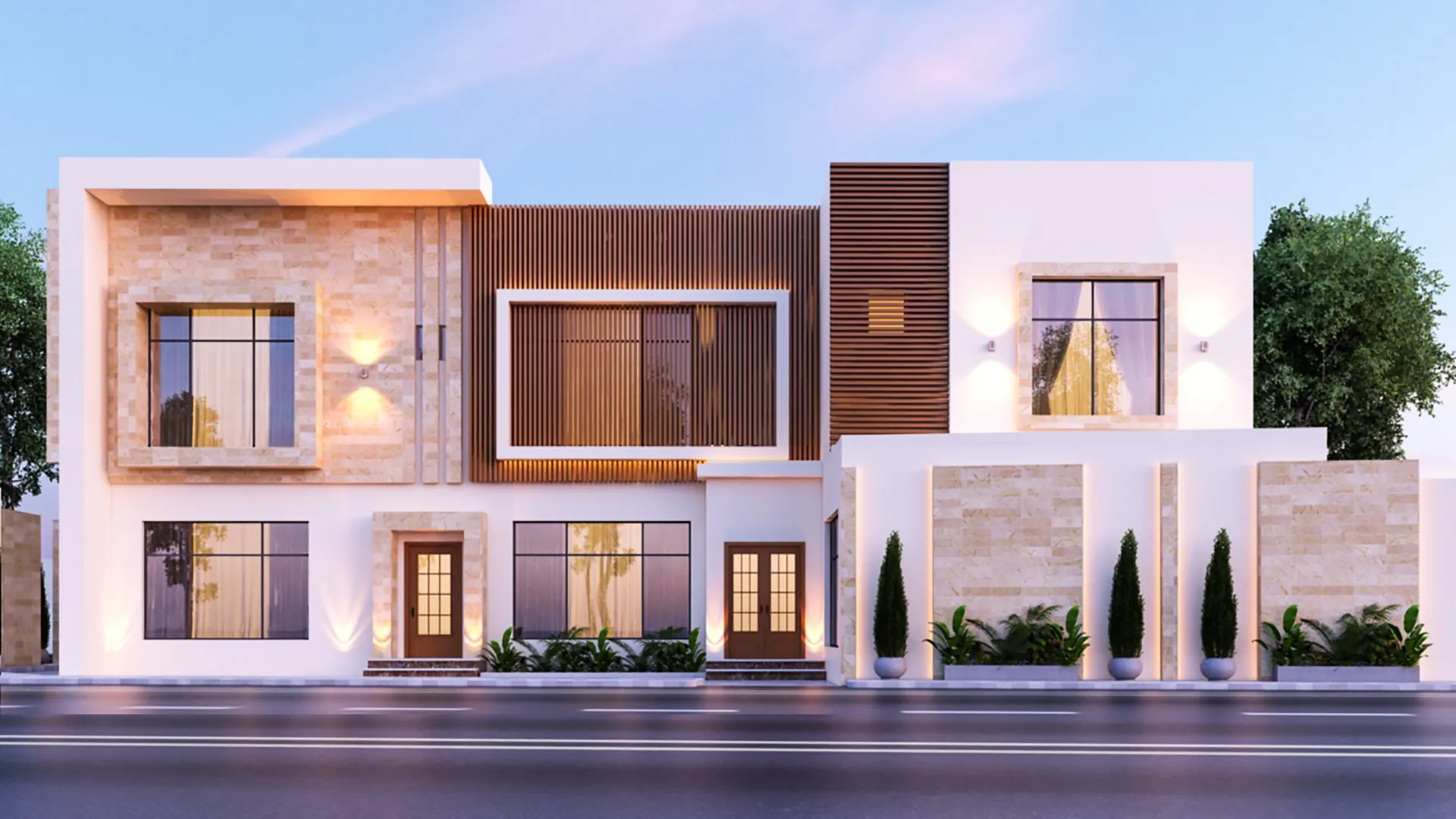 Contemporary Residential Block: an exterior design for a chic, symmetrical building with wood and stone accents. The landscaping and lighting create a polished, upscale appearance.