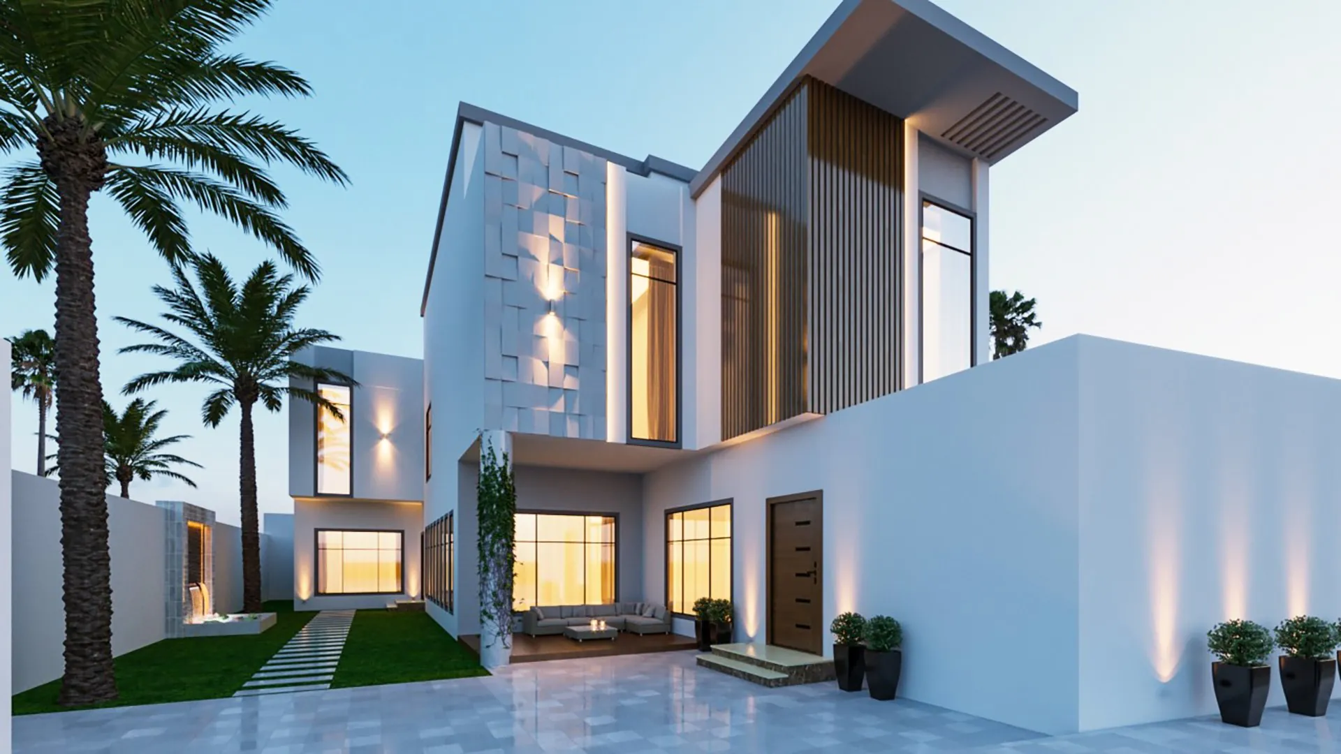Geometric Modern Home: A bold, angular villa with large glass windows, wood details, and an illuminated driveway.