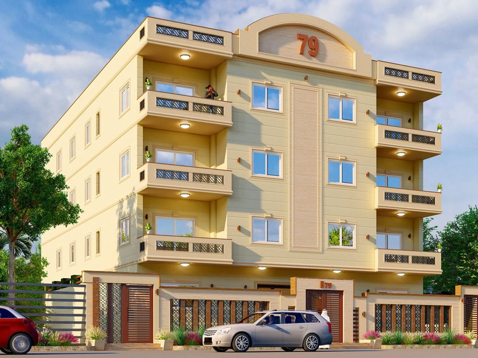 Sunny Yellow Apartments: A bright, cheerful design with light yellow walls and spacious balconies, giving it a fresh and airy vibe.