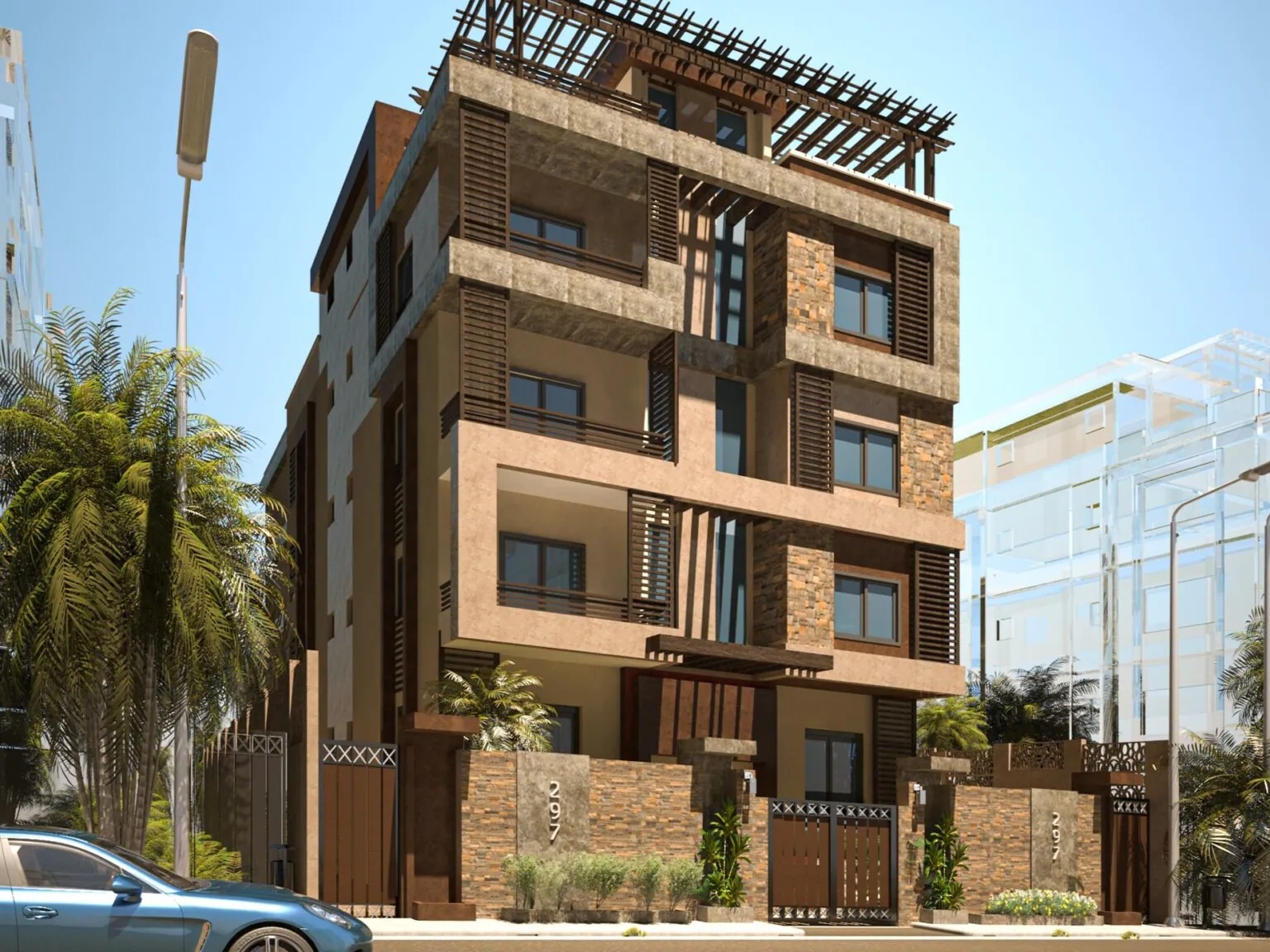 Rustic Apartment Complex: A brown brick building with angular wooden accents and a rooftop terrace, giving it a modern yet rustic charm.