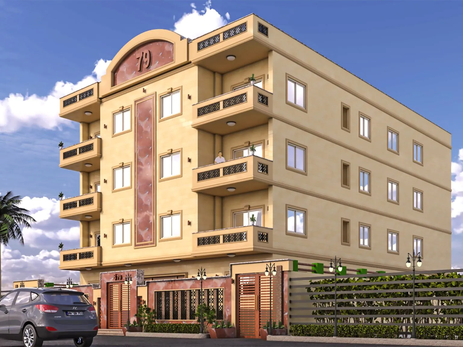 Sunny Yellow Apartments: A bright, cheerful design with light yellow walls and spacious balconies, giving it a fresh and airy vibe.