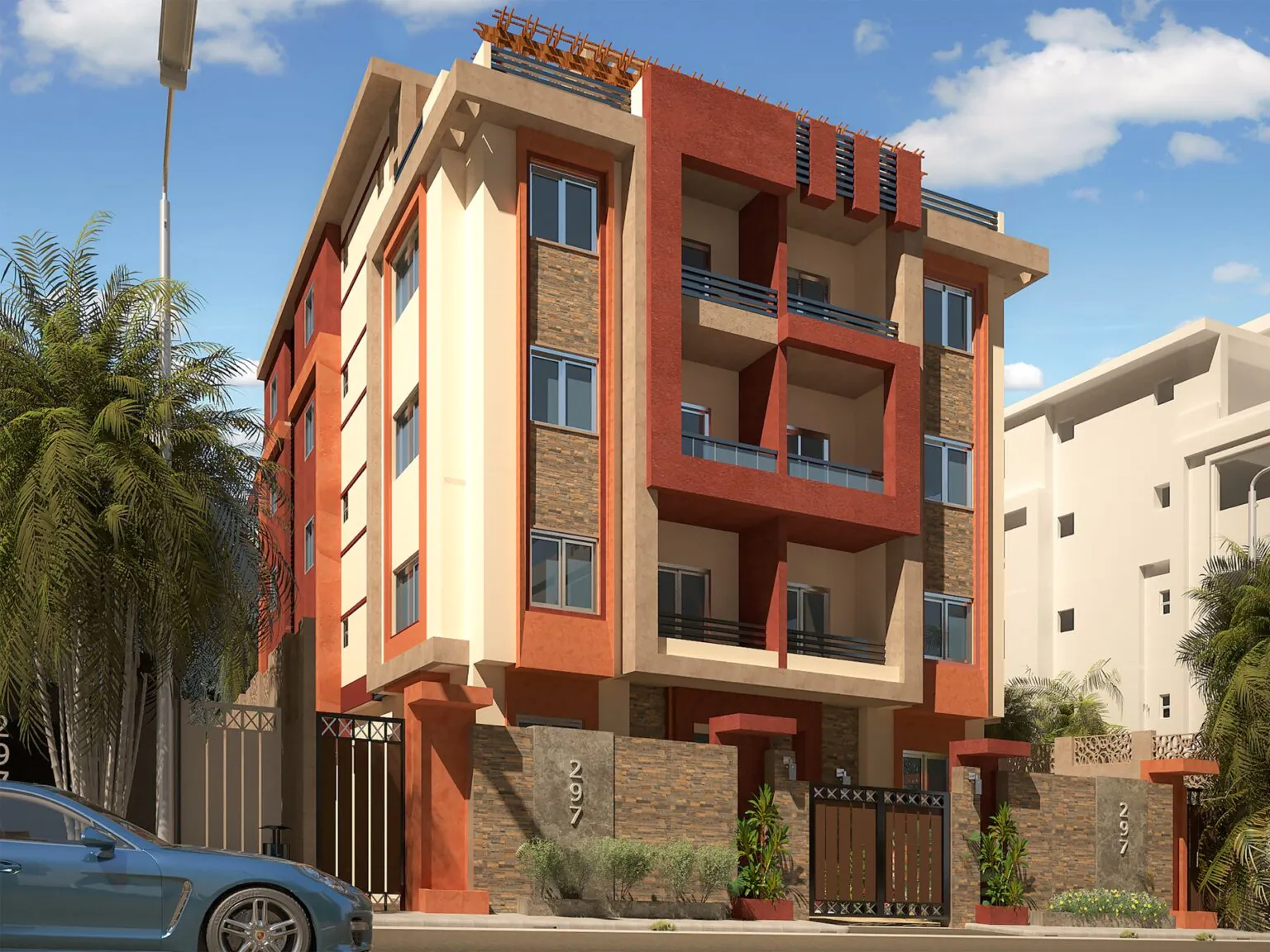 Vibrant Residential Block: A colorful red and beige apartment building with a bold, modern look. The design stands out with its bright tones and clean structure.