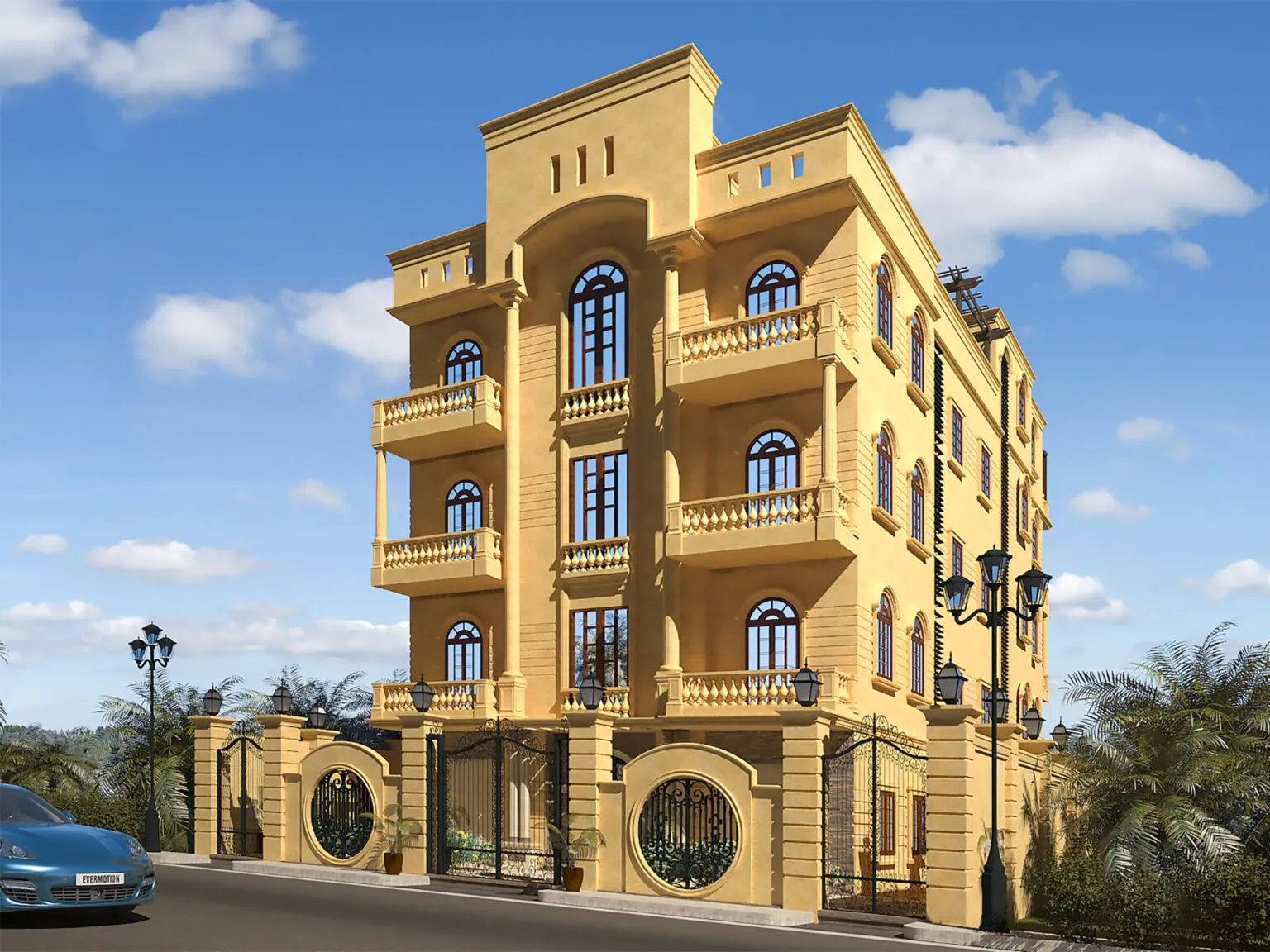 Mediterranean-Style Residence: A warm, yellow-hued building with arched windows and ornate railings, evoking a classic European aesthetic.