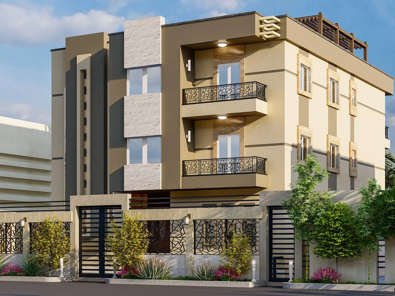 Urban Apartment Block: A residential building with clean lines, spacious balconies, and a modern urban aesthetic.