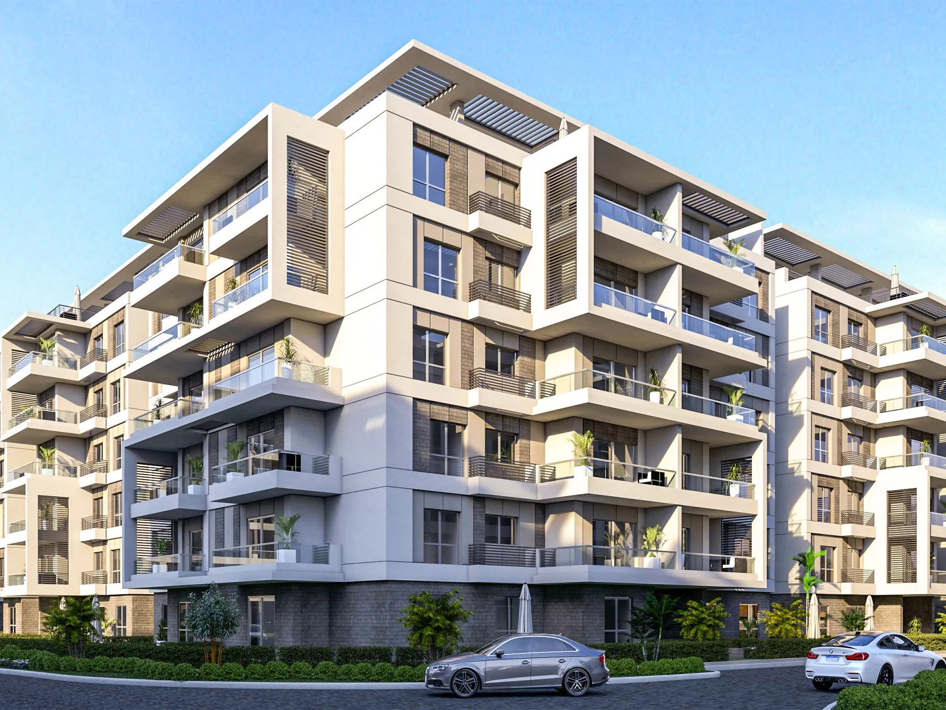 Apartment Complex with Balconies: A large residential building with multiple levels, wide balconies, and a modern, urban feel.