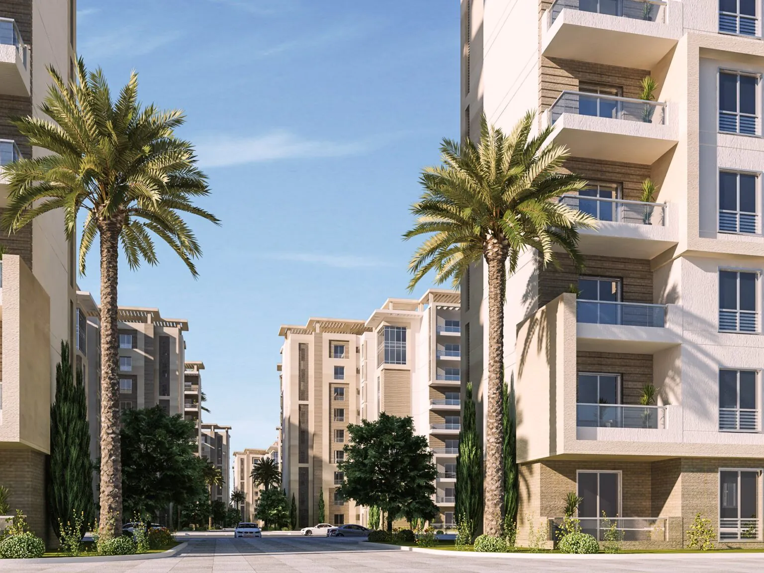 Residential High-Rises: A cluster of modern apartment buildings surrounded by palm trees. The architecture is practical and clean, with a focus on functionality.