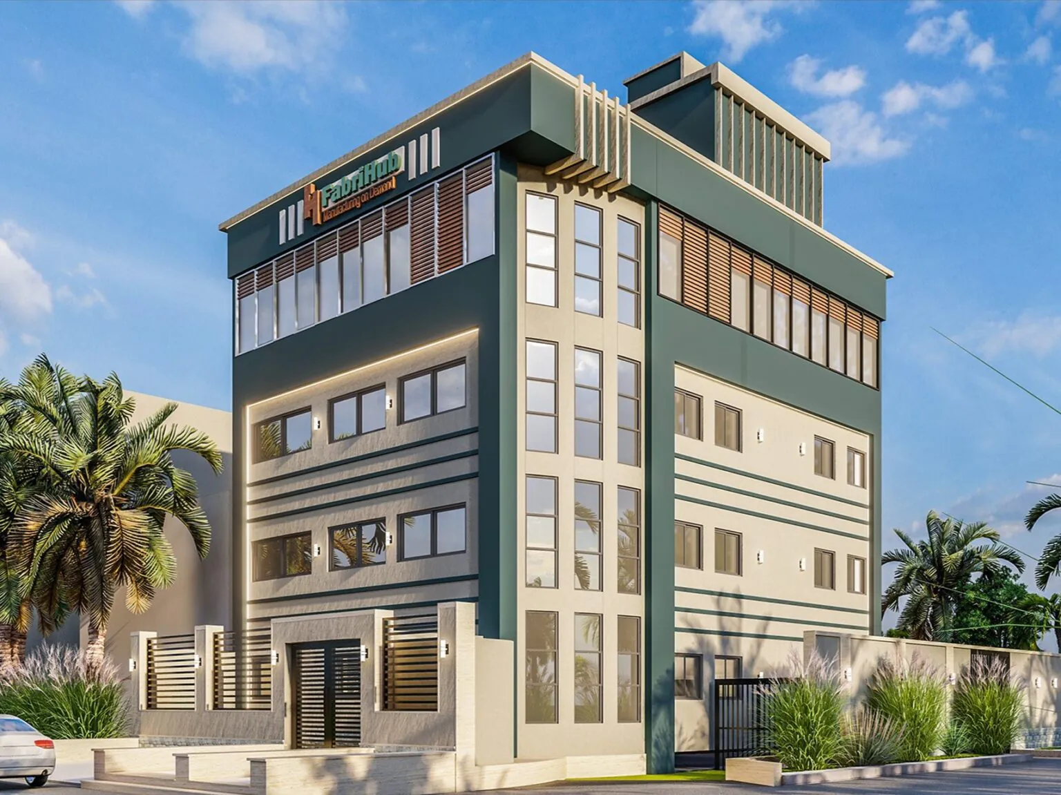 Outdoor Shopping Plaza: A single-story shopping complex with wide glass windows, outdoor seating, and a pedestrian-friendly design.