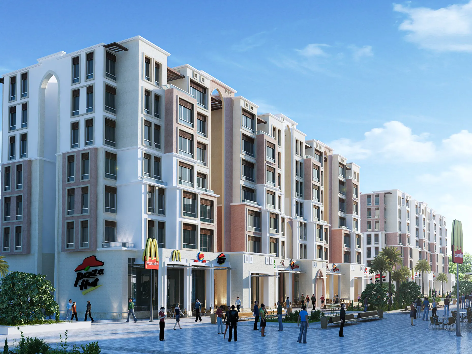 Commercial Plaza: A vibrant plaza with storefronts, including a recognizable fast-food brand. The area is lively and bustling with activity.