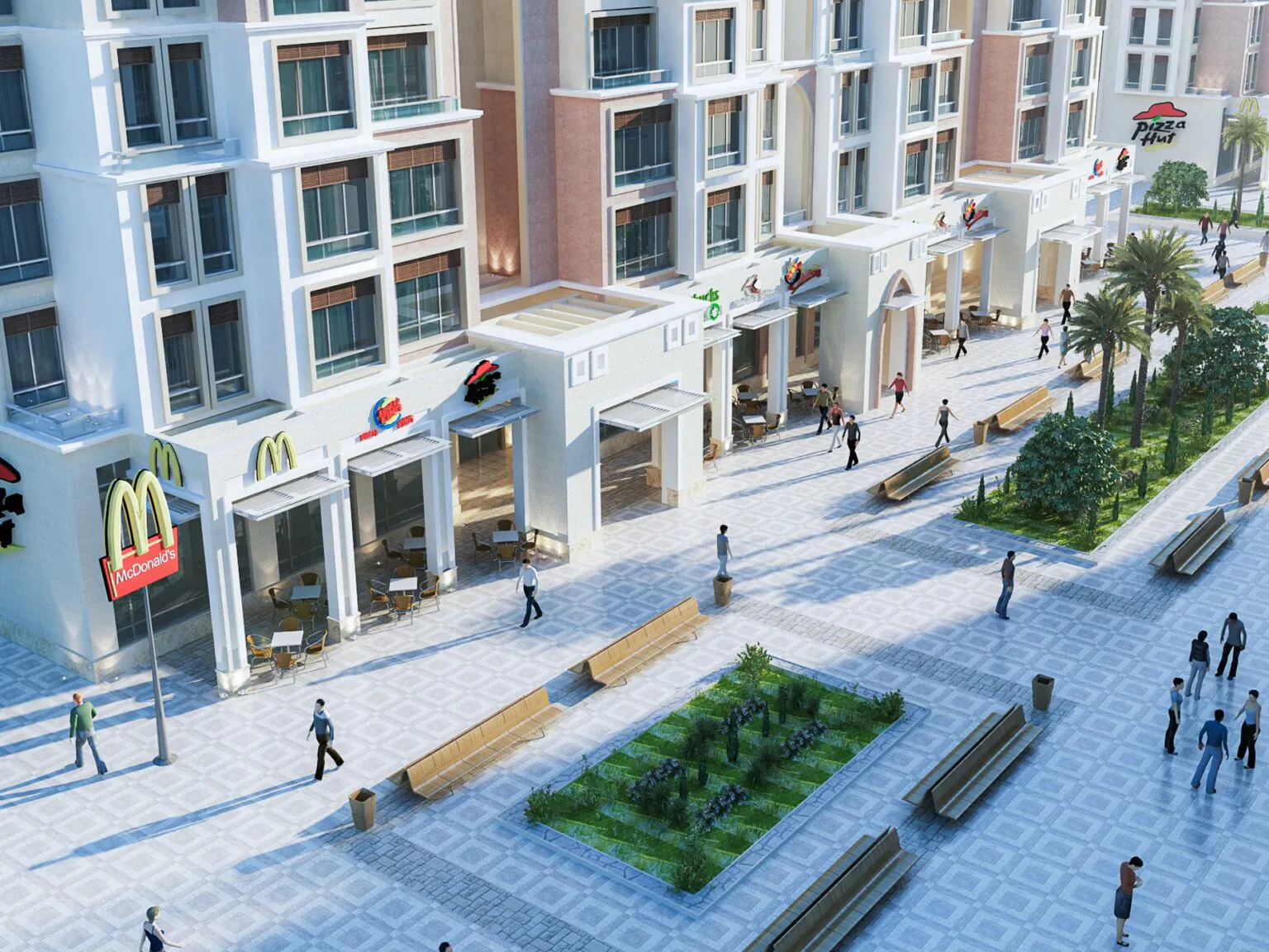 Urban Shopping District: A well-designed urban space with a mix of retail stores, cafes, and green areas. It feels dynamic and modern.