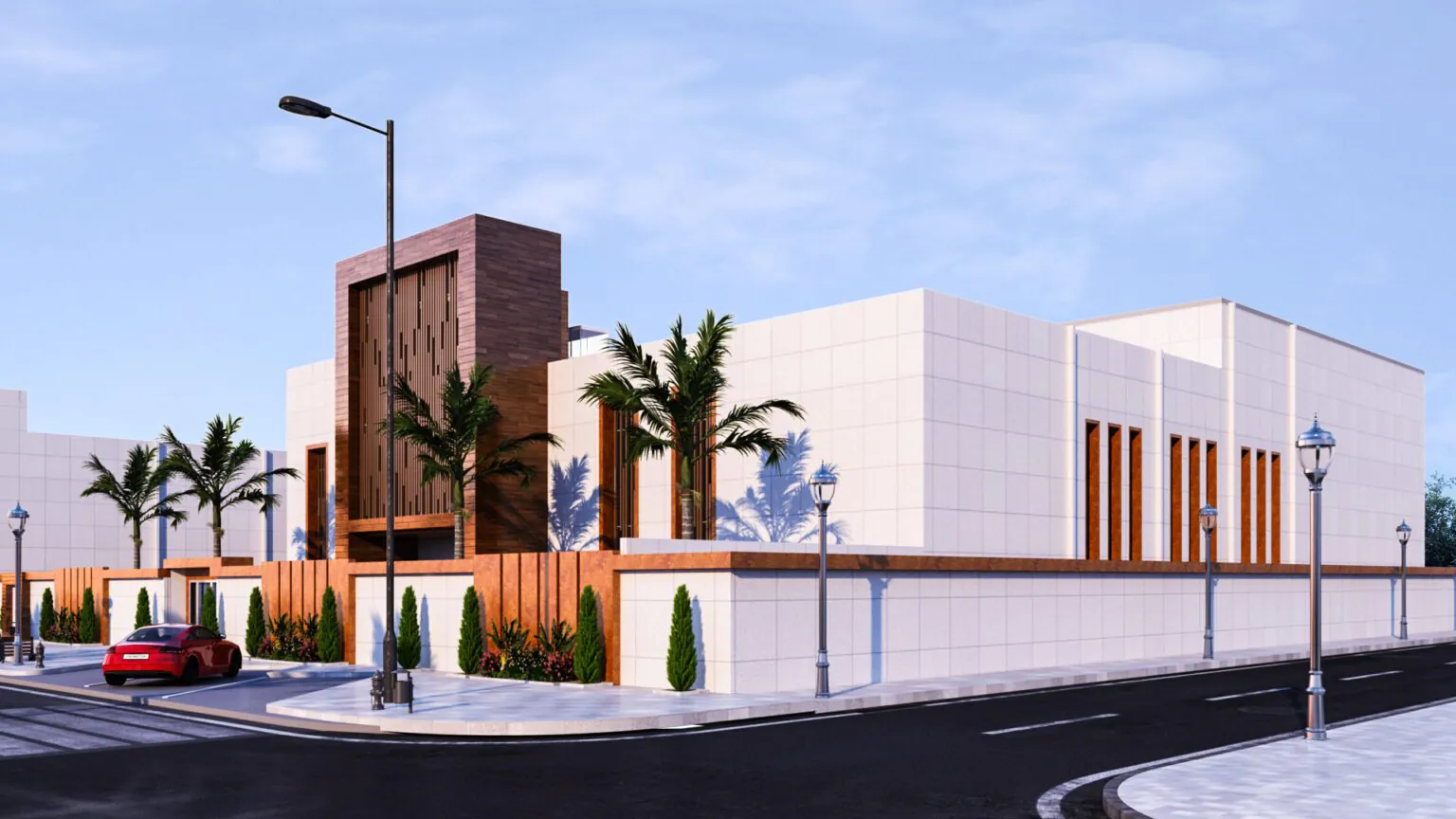 a white modern commercial building design with dark brown wooden touches