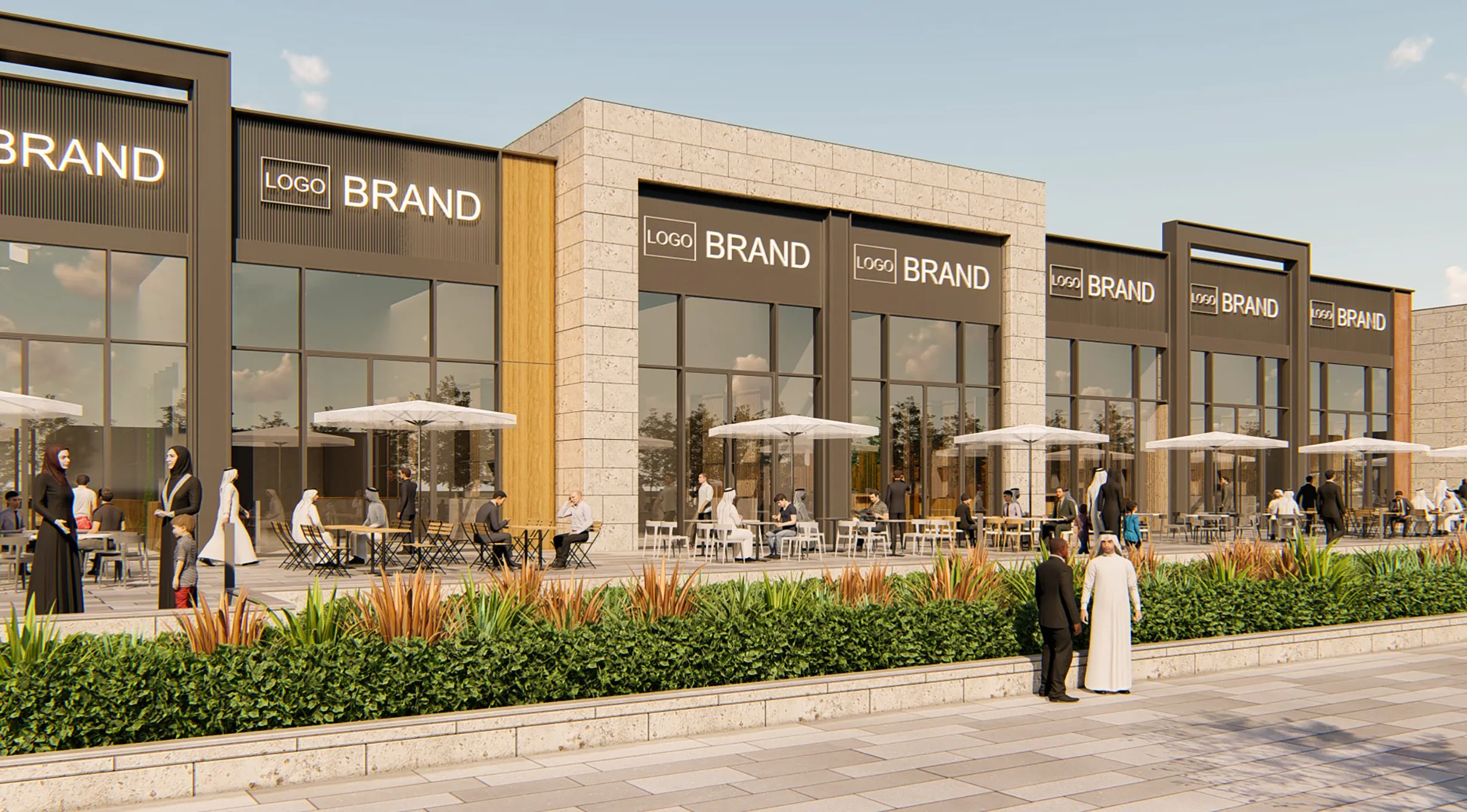 Suburban Mall: A small retail complex with beige stone walls and clean lines. The branding is modern and inviting.