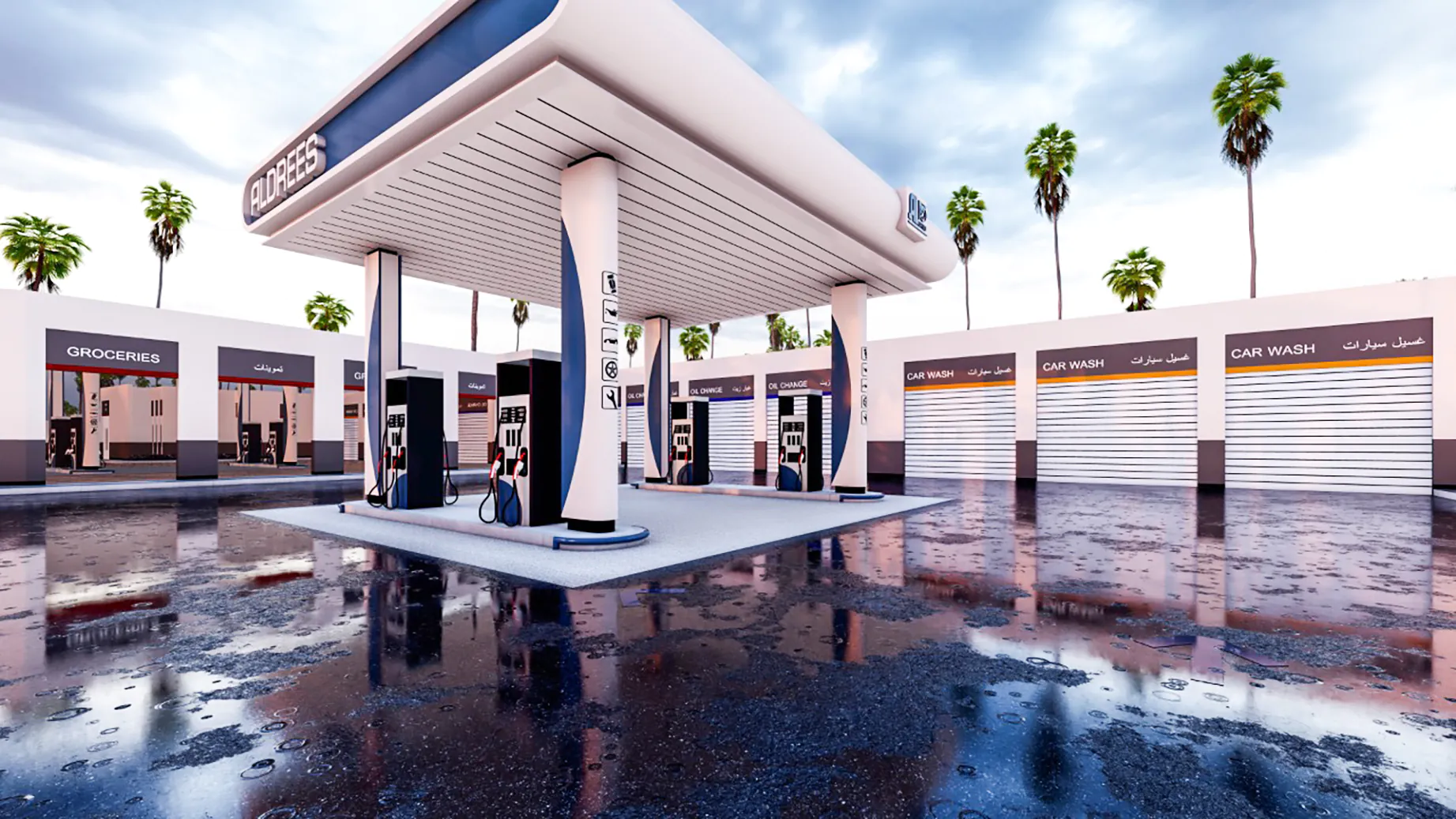 Futuristic Fuel Station: A bold design with tall, sculptural canopies over the pumps. The glossy surfaces and palm trees lend a futuristic, polished vibe.