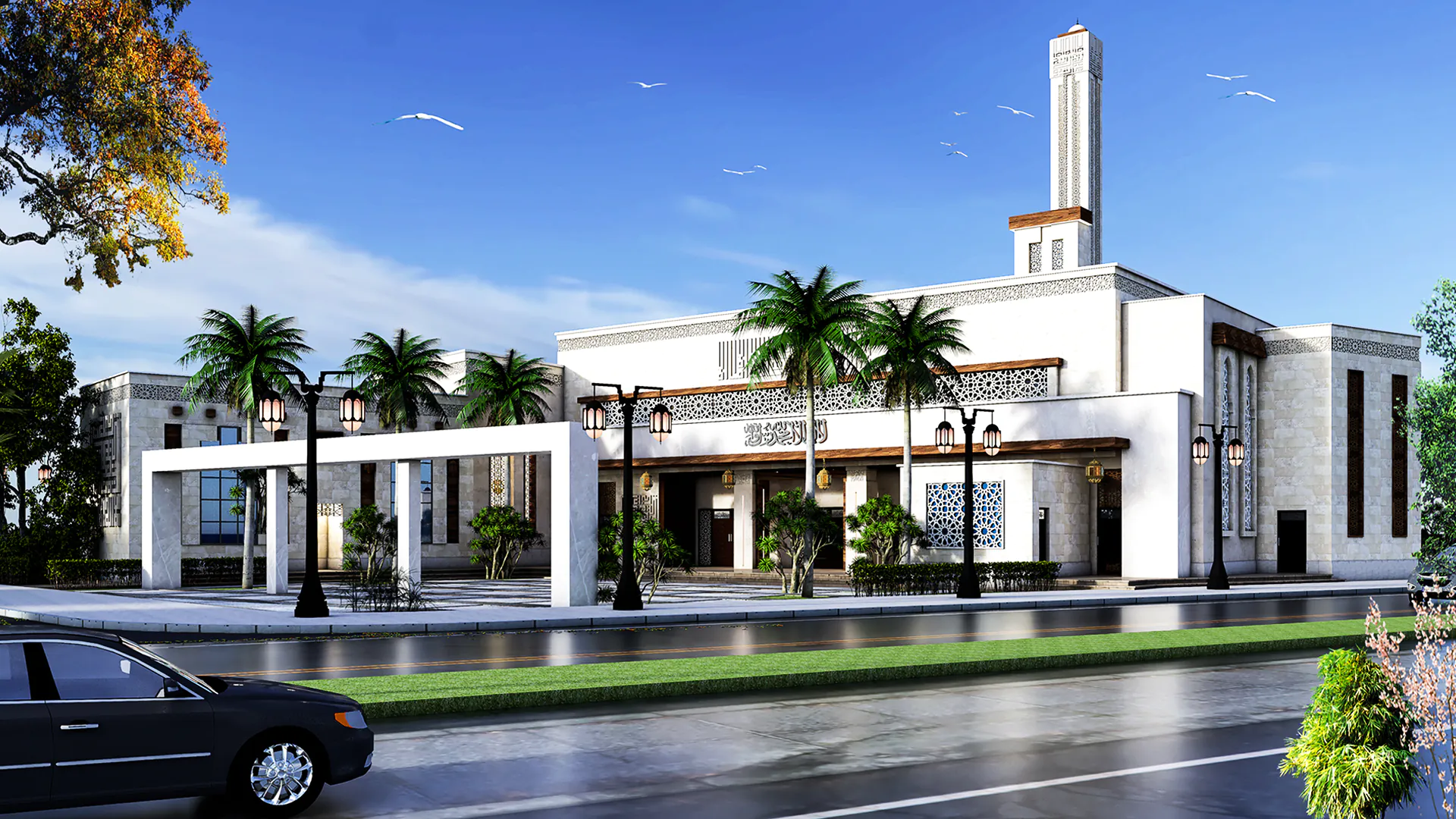 A mosque-inspired design with tall vertical features and a central dome, framed by palm trees and open skies.