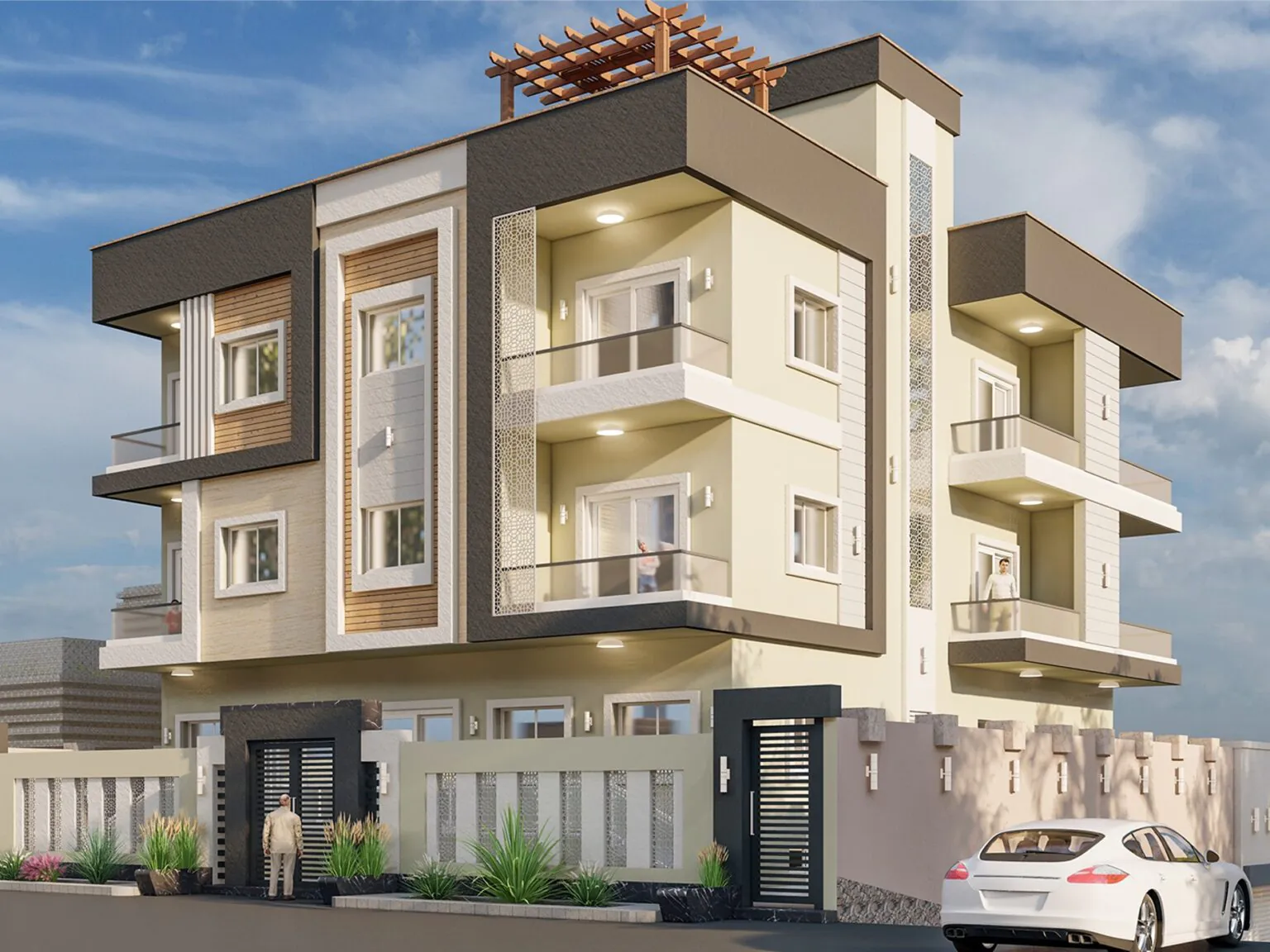 Modern Beige Villa: A clean, minimalist villa with neutral tones, glass balconies, and a well-maintained yard.