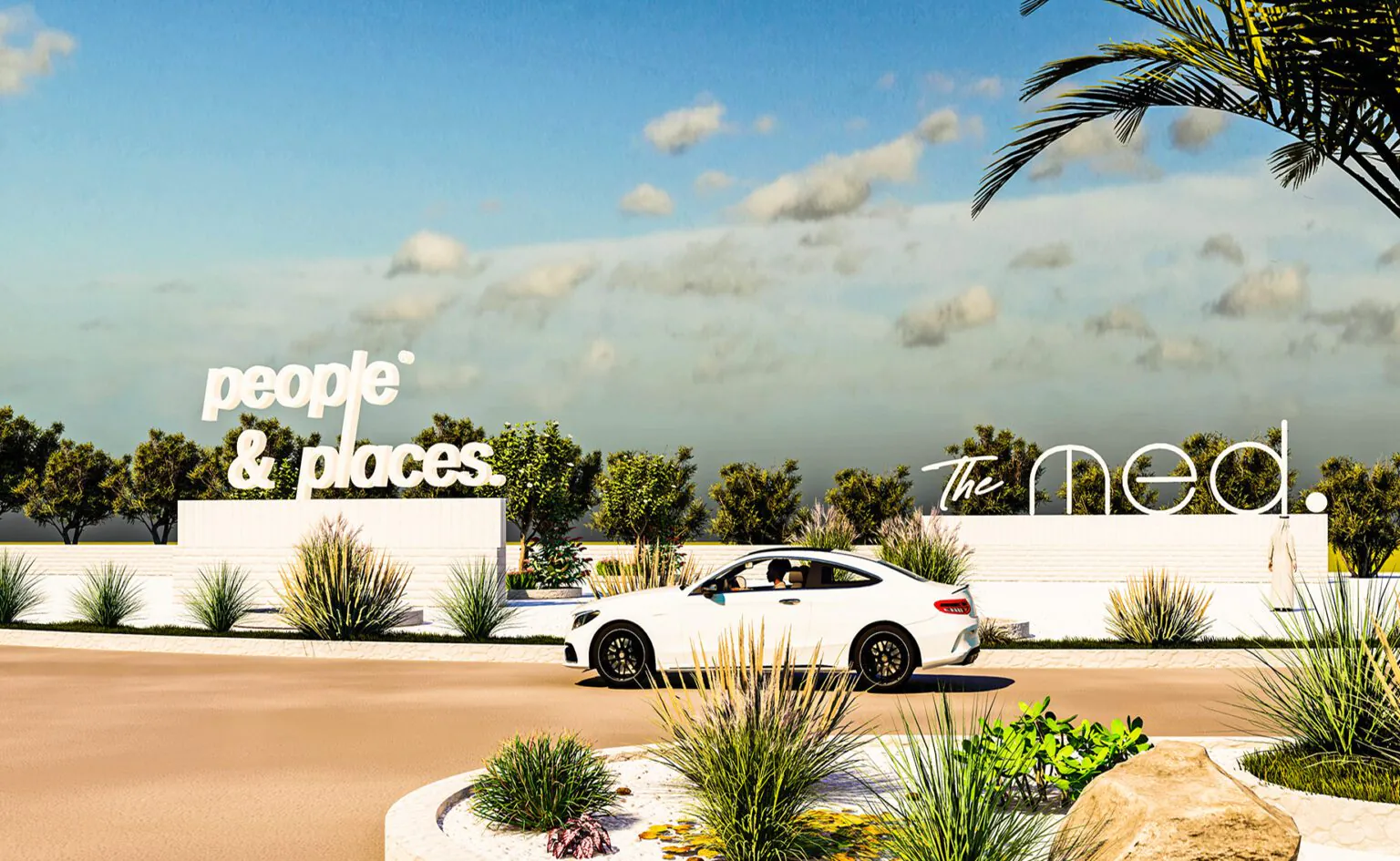 People & Places Signage: A stylish outdoor display featuring a modern sign reading “People & Places” against a backdrop of blue skies and greenery. A white luxury car adds a touch of sophistication.