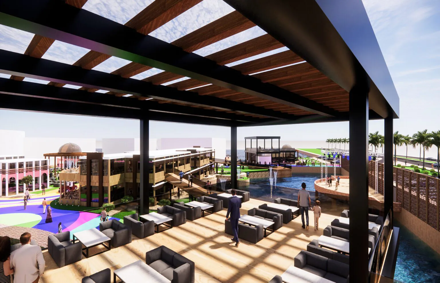 Outdoor Terrace with Pergola: A chic terrace area with wooden pergolas, cozy seating, and a modern vibe. The setting suggests a relaxed social or dining space.