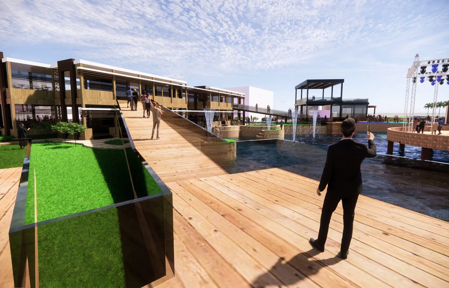 Wooden Walkway Overlook: A dynamic perspective of a wooden walkway overlooking an open space. The design feels contemporary, with clean lines and a focus on blending with the natural surroundings.