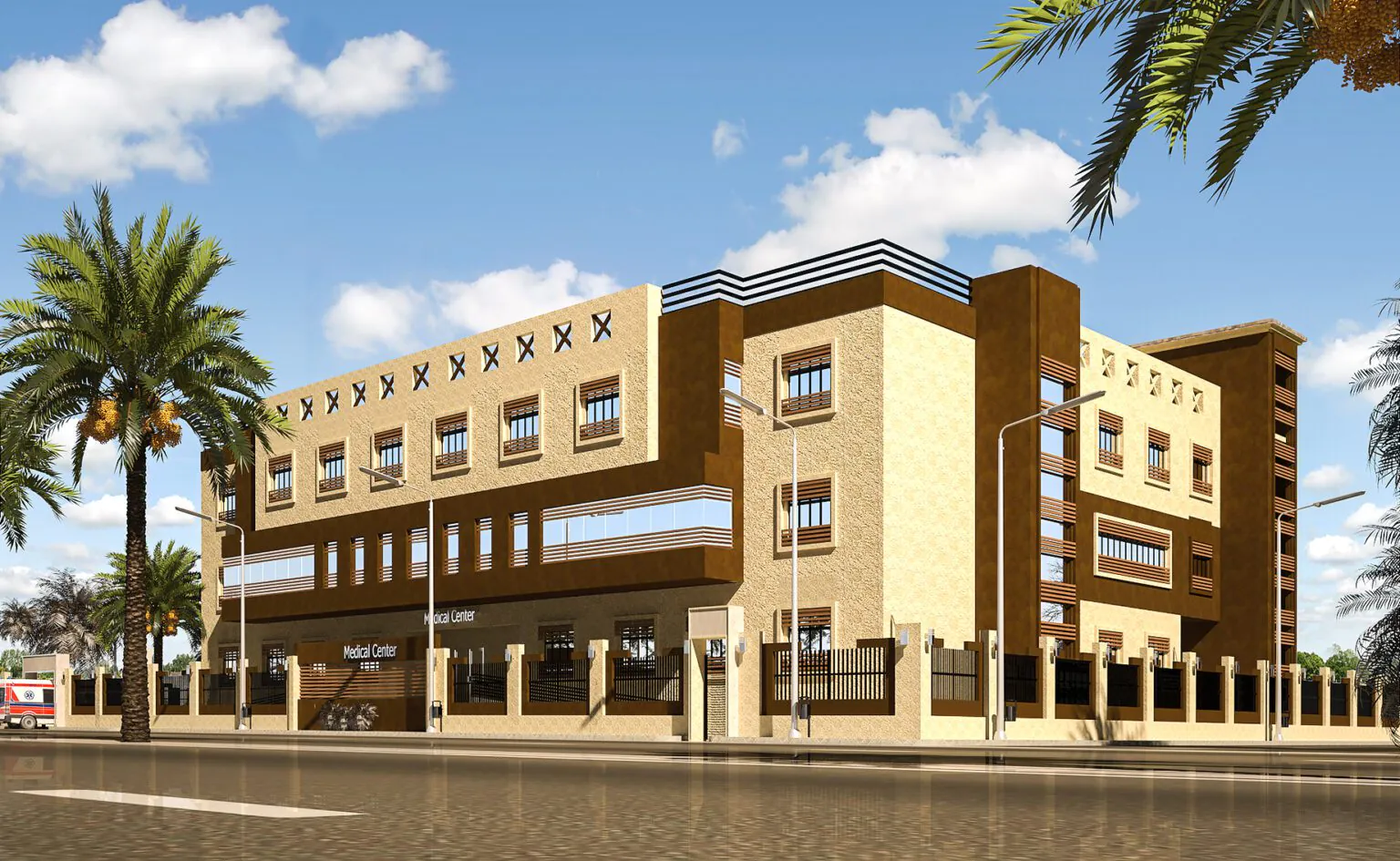Commercial Complex with Palm Trees: A warm, sandy-toned building with intricate stonework and palm trees lining the street. The design feels upscale yet accessible, perfect for retail or offices.