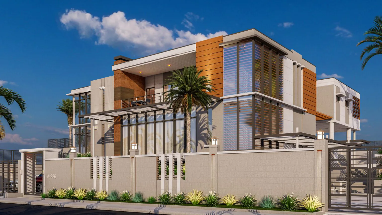 Luxury Modern Villa: A sleek, multi-level home with large glass panels, warm wood accents, and lush greenery. Palm trees and a bright blue sky complete the tropical, high-end aesthetic from consept art's exterior portfolio.