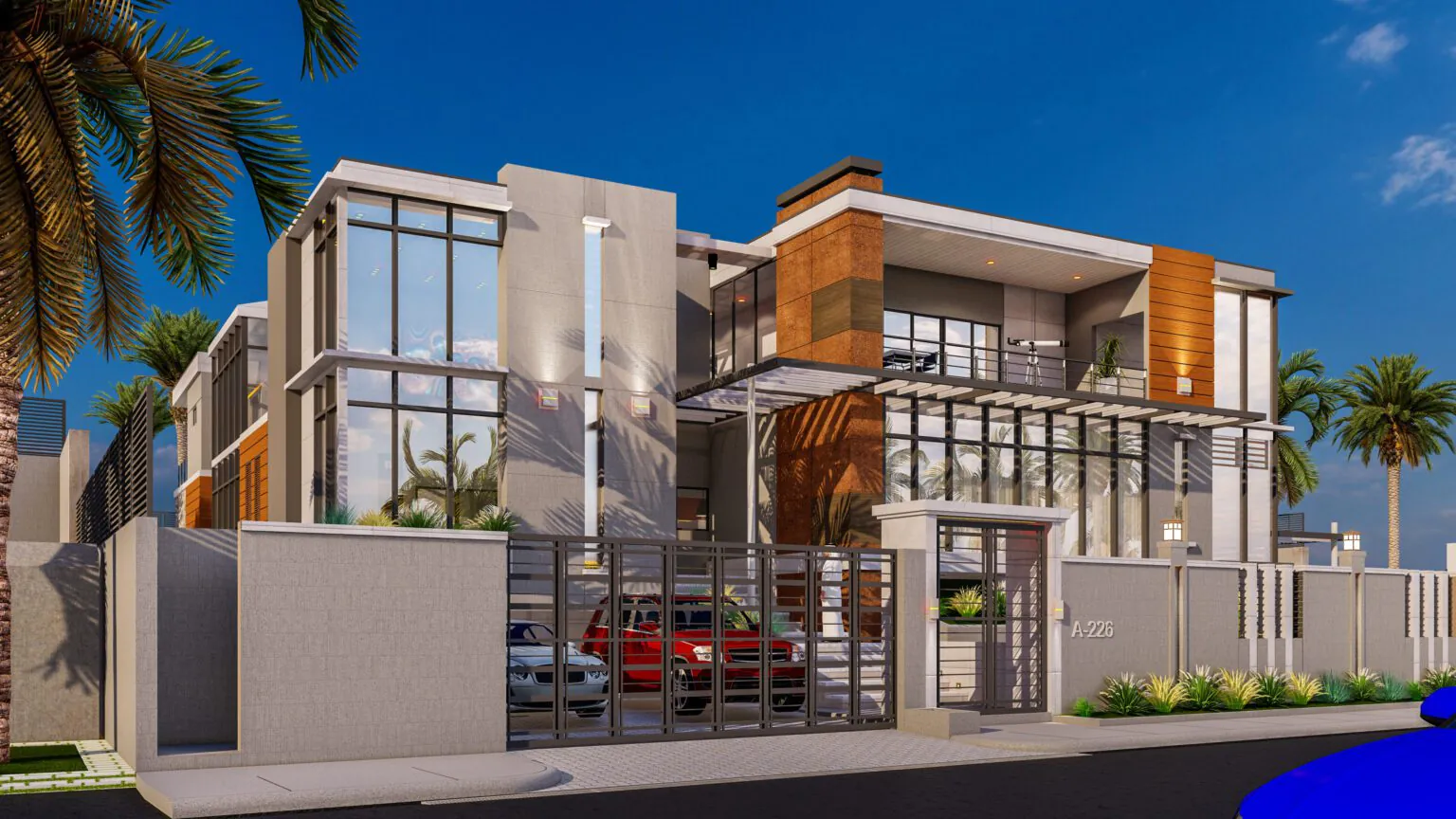 Contemporary Glass Residence: A geometric design with glass walls and bold wood textures. The landscaping is neat and minimalist, adding to the modern appeal.