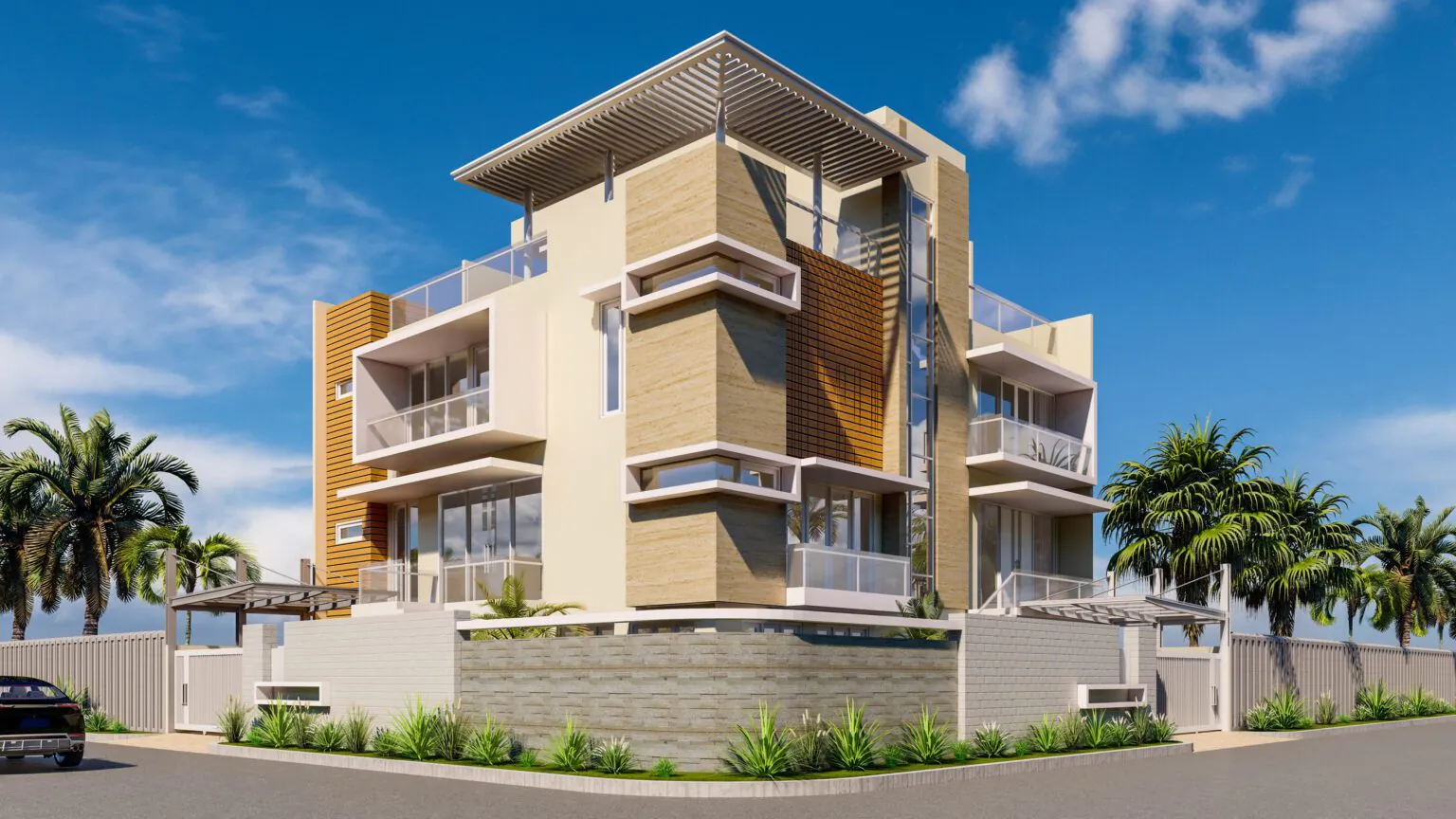 Elevated Luxury Villa: A grand, modern structure with large terraces, clean white walls, and lush greenery surrounding the property.