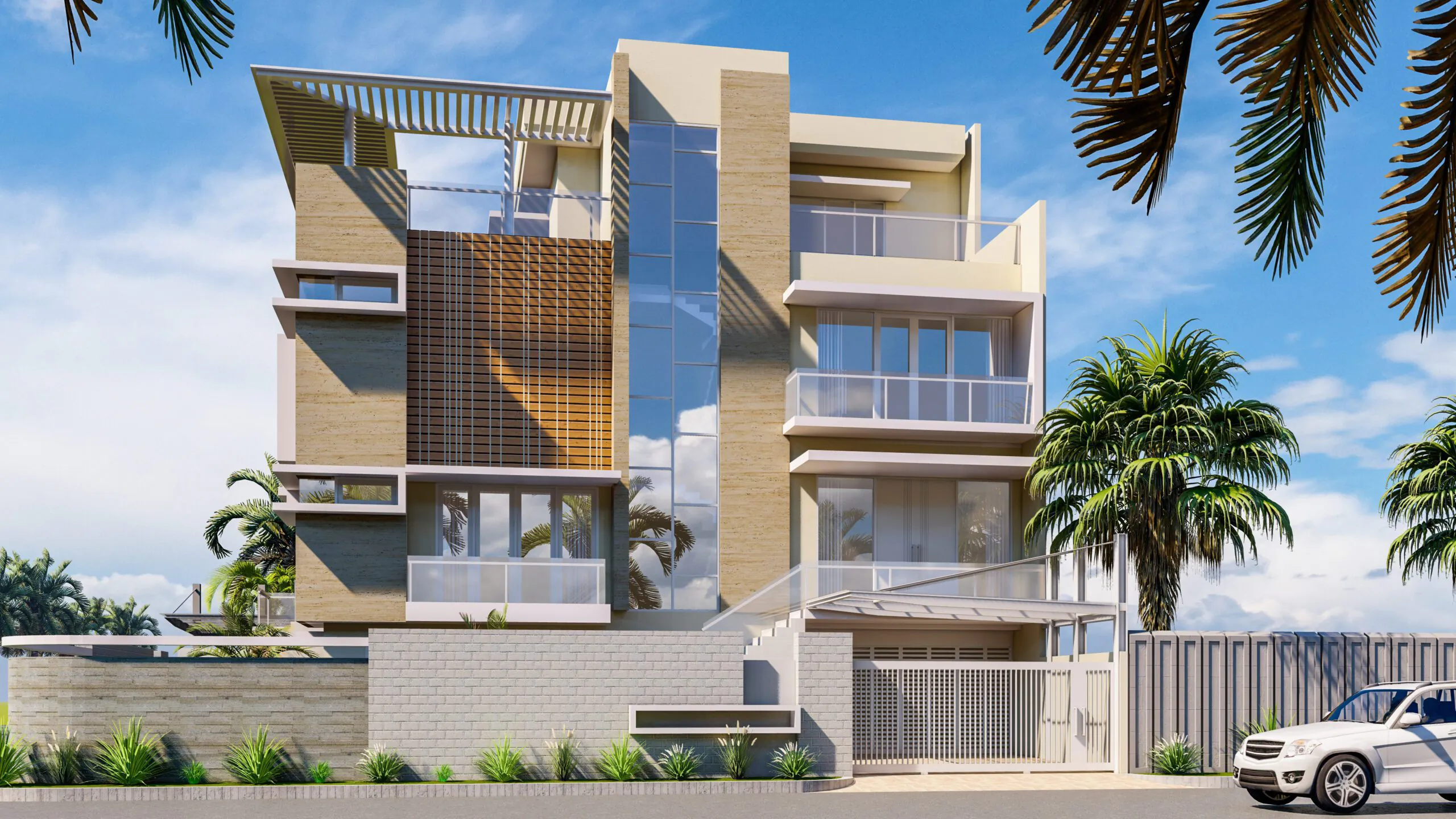 Modern Duplex Villa: A stylish, multi-level villa with bold lines, glass balconies, and a neutral color palette. Palm trees add elegance and height.