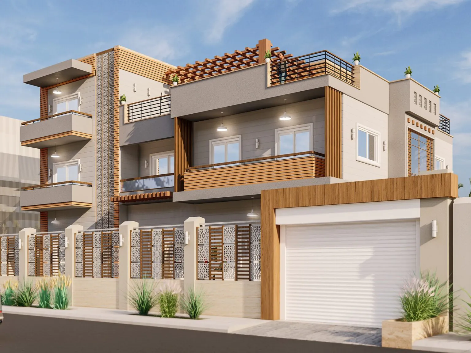 Mediterranean-Style Villa: A charming home with terracotta roof tiles, arched windows, and warm beige tones. The landscaping adds a rustic, inviting touch.