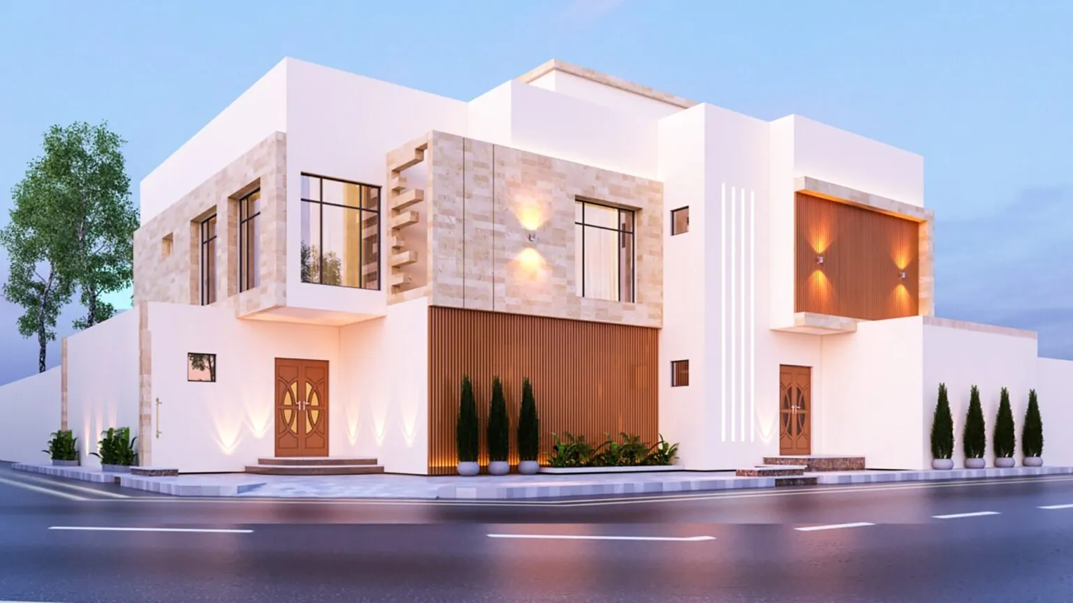 Minimalist White Villa: A sharp, modern home with clean white walls, large windows, and warm lighting. The design feels fresh and elegant.