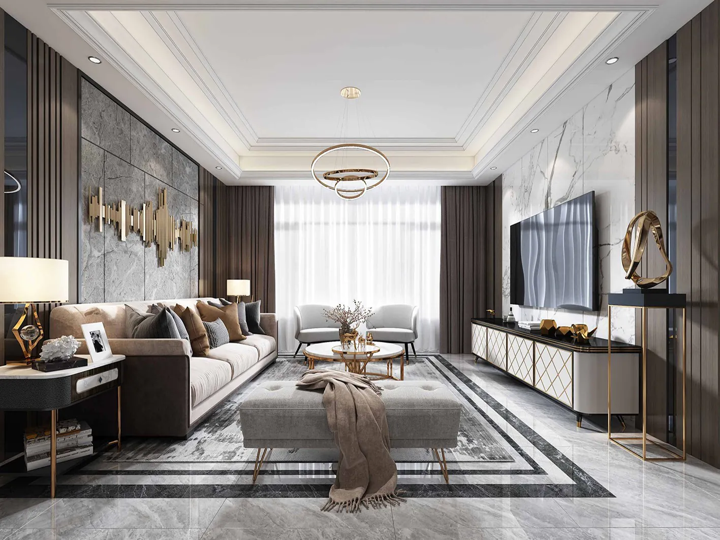 A bright living space featuring a corner sofa, a round glass coffee table, and large windows that let in ample natural light, Interior design.