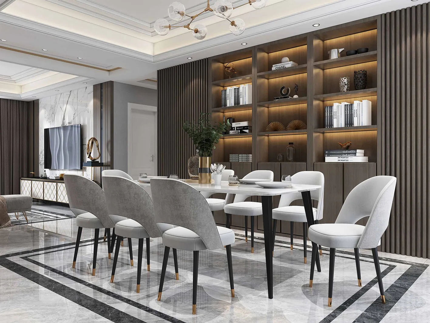 Consept Art's portfolio: A modern dining room with a sleek, minimalist design. The room features a rectangular white dining table surrounded by eight upholstered chairs with a combination of gray and white fabric and black legs with gold accents. Behind the table, there is a built-in wooden bookshelf with warm lighting, showcasing decorative items and books. The floor is polished with a marble-like design, and the ceiling has recessed lighting and a contemporary chandelier. The space exudes elegance and sophistication. interior design in cairo