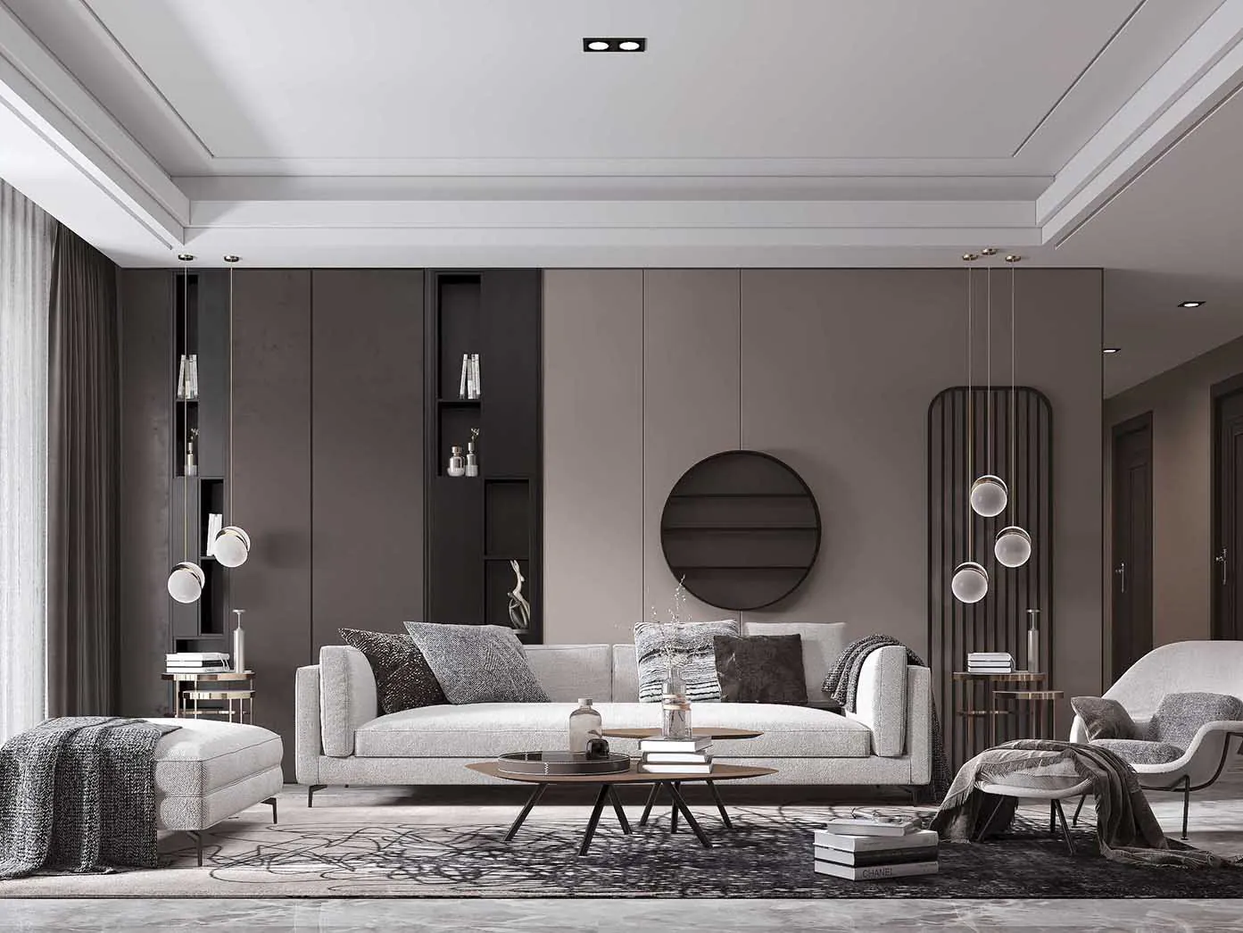 modern Interior design for a living room with built-in shelves.