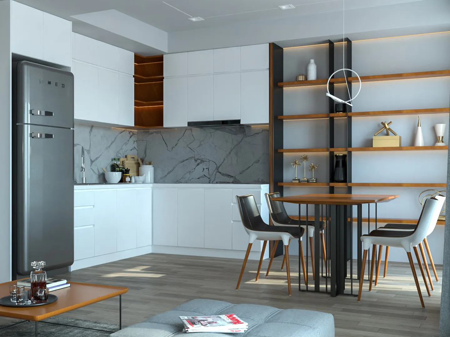 Modern dining room with a sleek table and unique lighting.