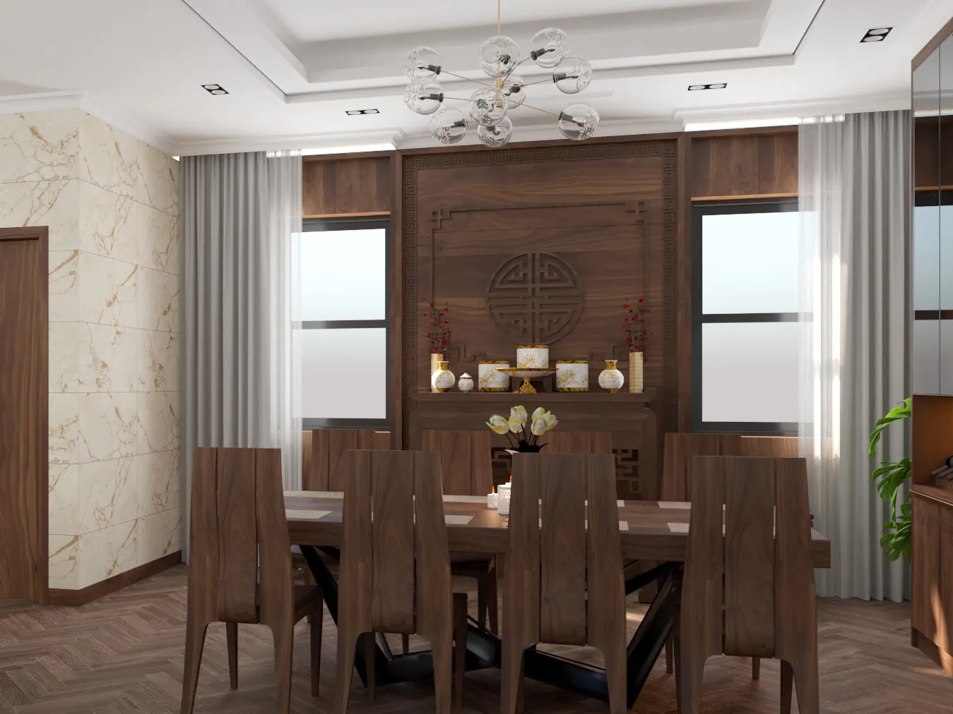 A modern dining room featuring a wooden table, bold artwork on the walls, and unique pendant lighting for a dramatic effect.
