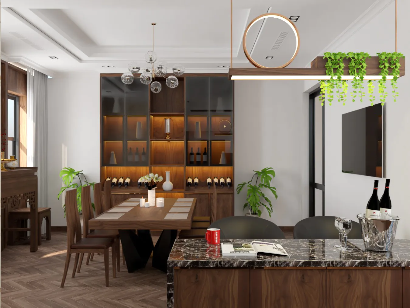A modern dining room featuring a sleek table, bold artwork on the walls, and unique pendant lighting for a dramatic effect.