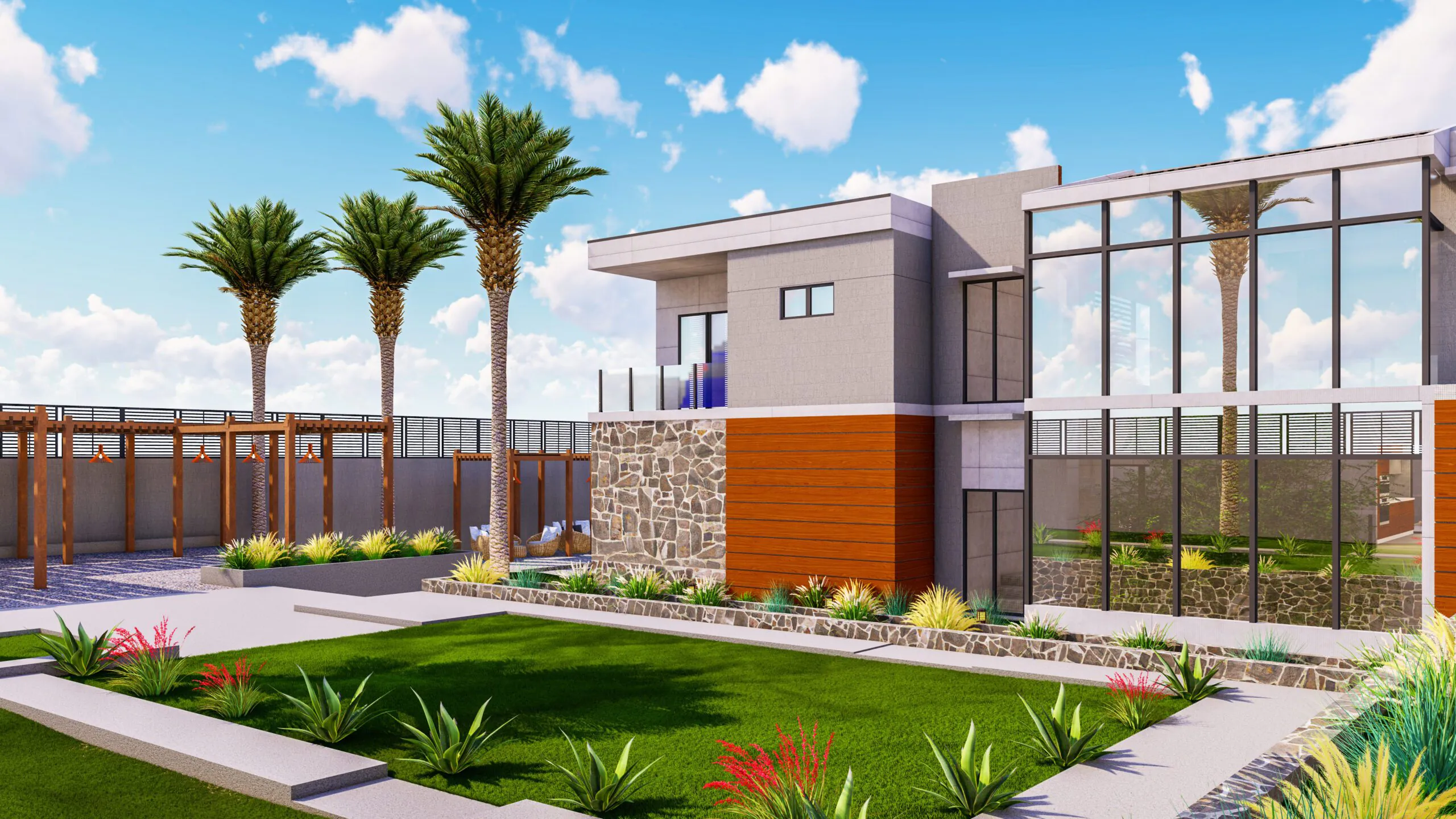 Private Garden Villa: exterior design for a serene property with a landscaped yard, stone walls, and warm wooden doors. Palm trees add a tranquil, tropical touch.