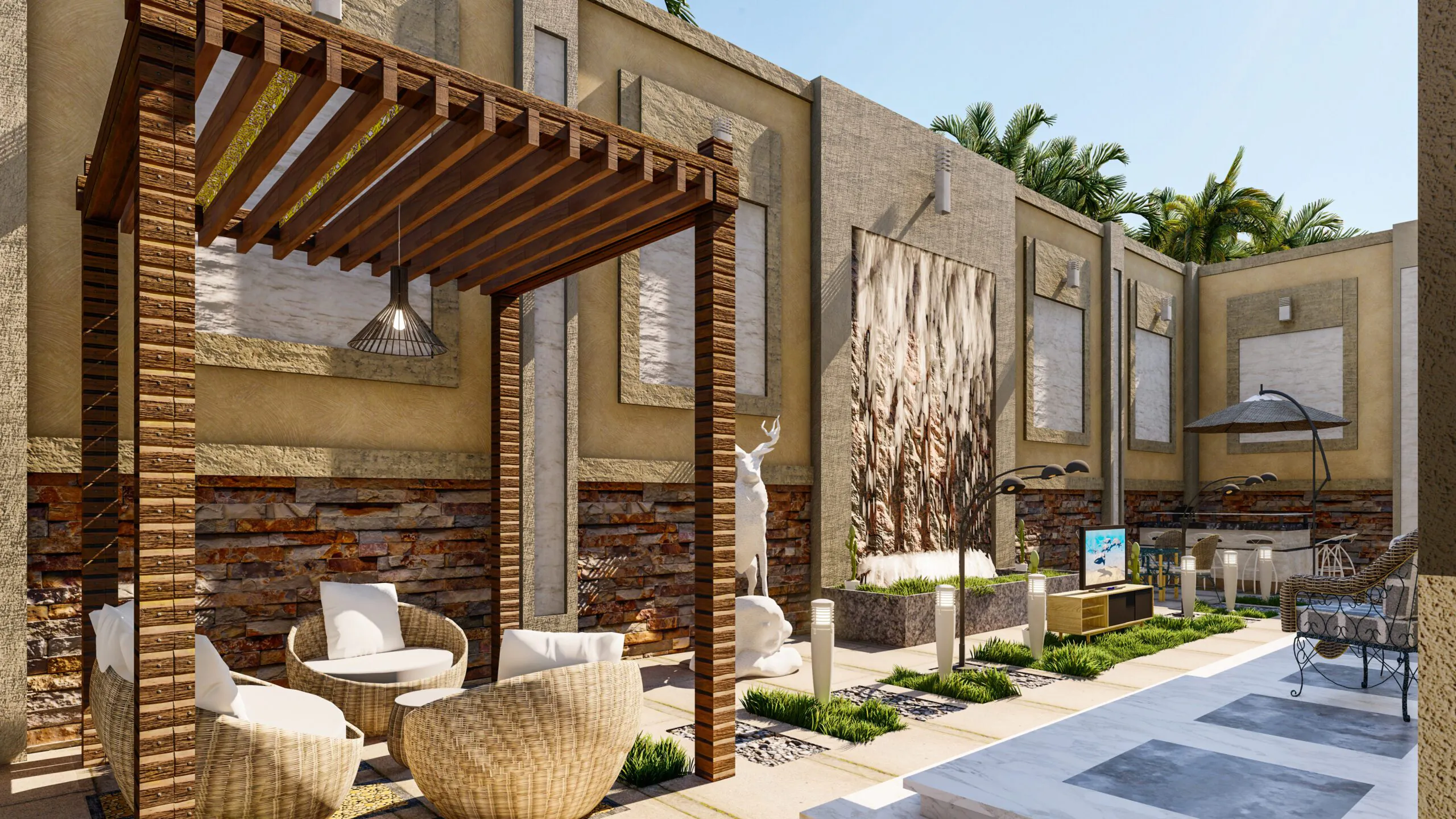 Open Pergola Seating Area: A rustic yet modern pergola with wooden beams and cozy seating arrangements. It feels inviting and perfect for outdoor relaxation.