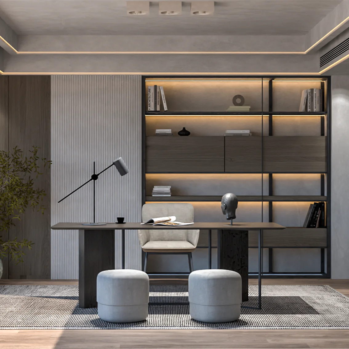 Modern office space with sleek desks, custom chairs, and wooden bookshelves by Consept Art in Cairo, Egypt