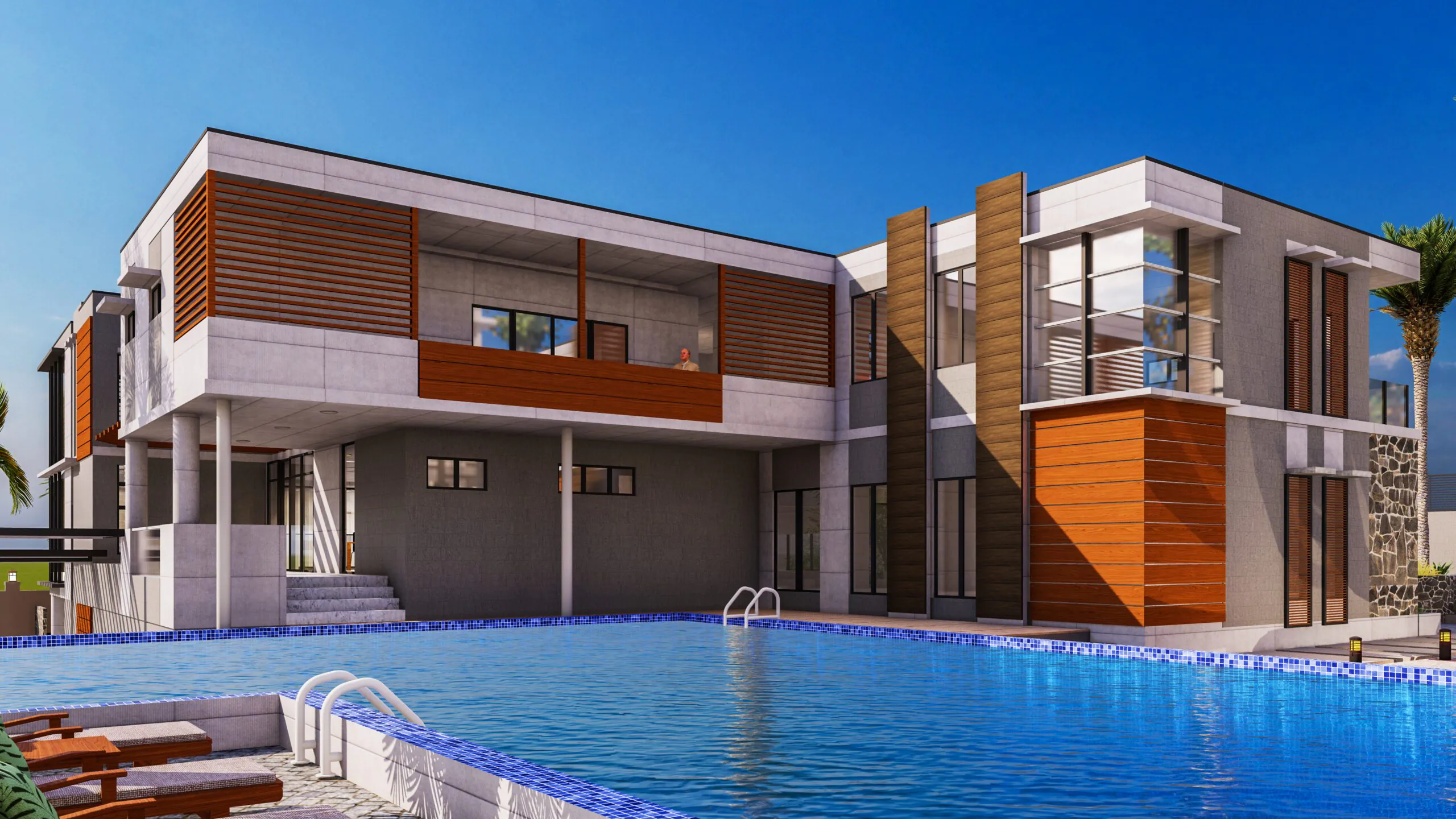 Poolside Villa: A spacious villa featuring a large swimming pool, warm wooden tones, and clean architectural lines. The bright lighting highlights its luxurious feel.