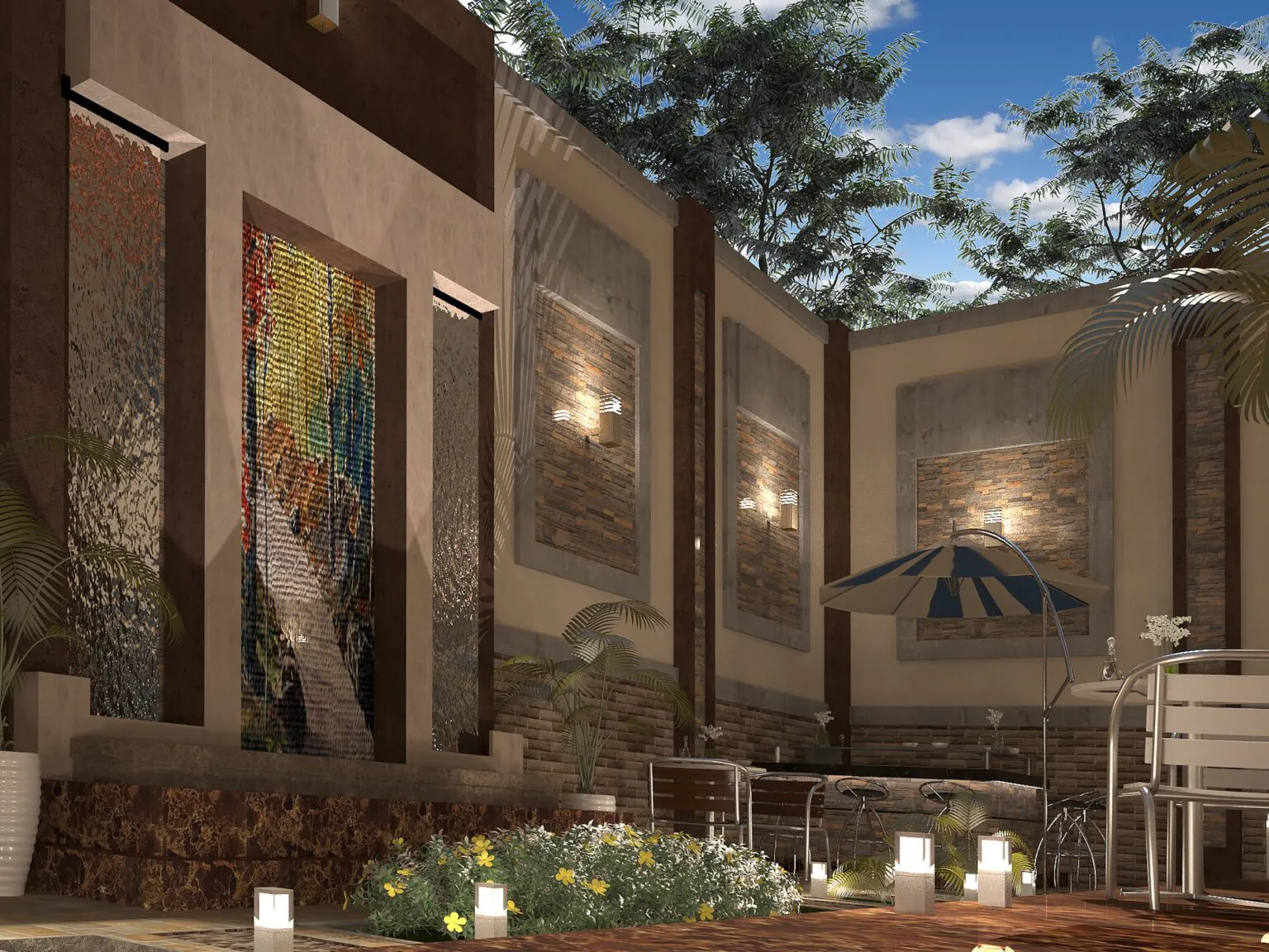 Courtyard Dining Area: A beautifully designed outdoor space with intricate wall art, ambient lighting, and cozy seating. Perfect for intimate gatherings.