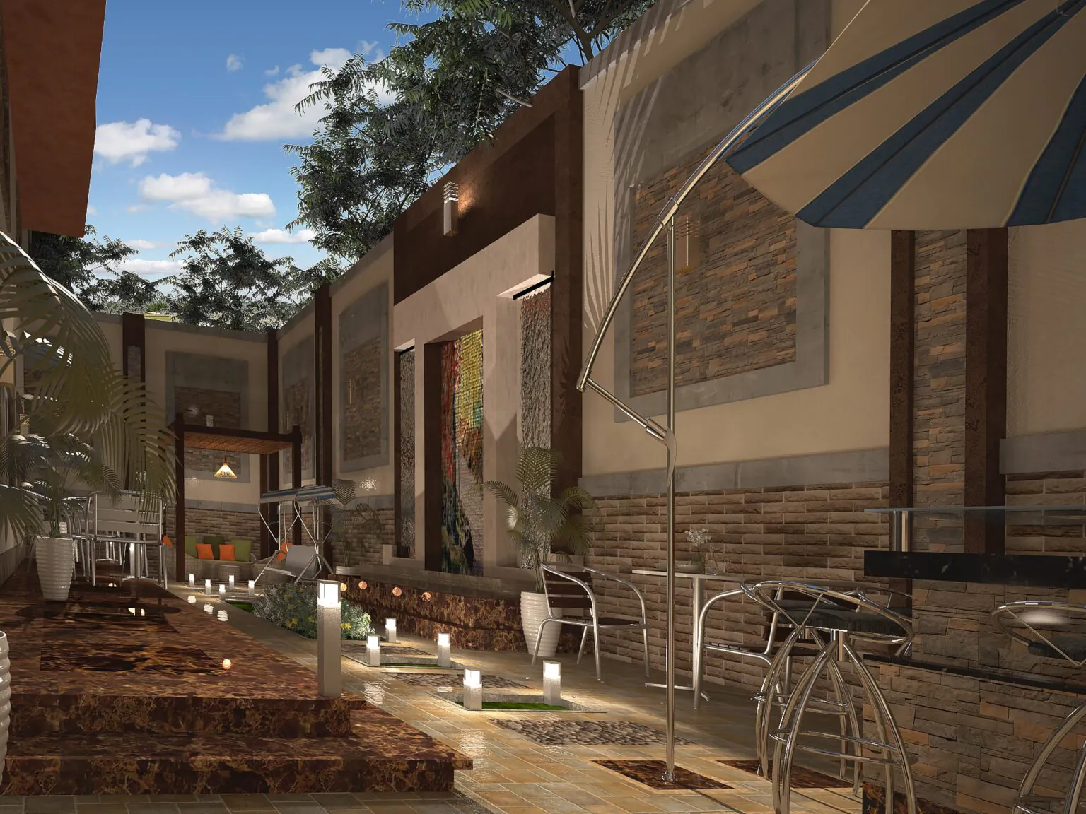 Rustic Patio Design: A charming outdoor patio with natural wood furnishings, warm lighting, and a cozy, earthy vibe.