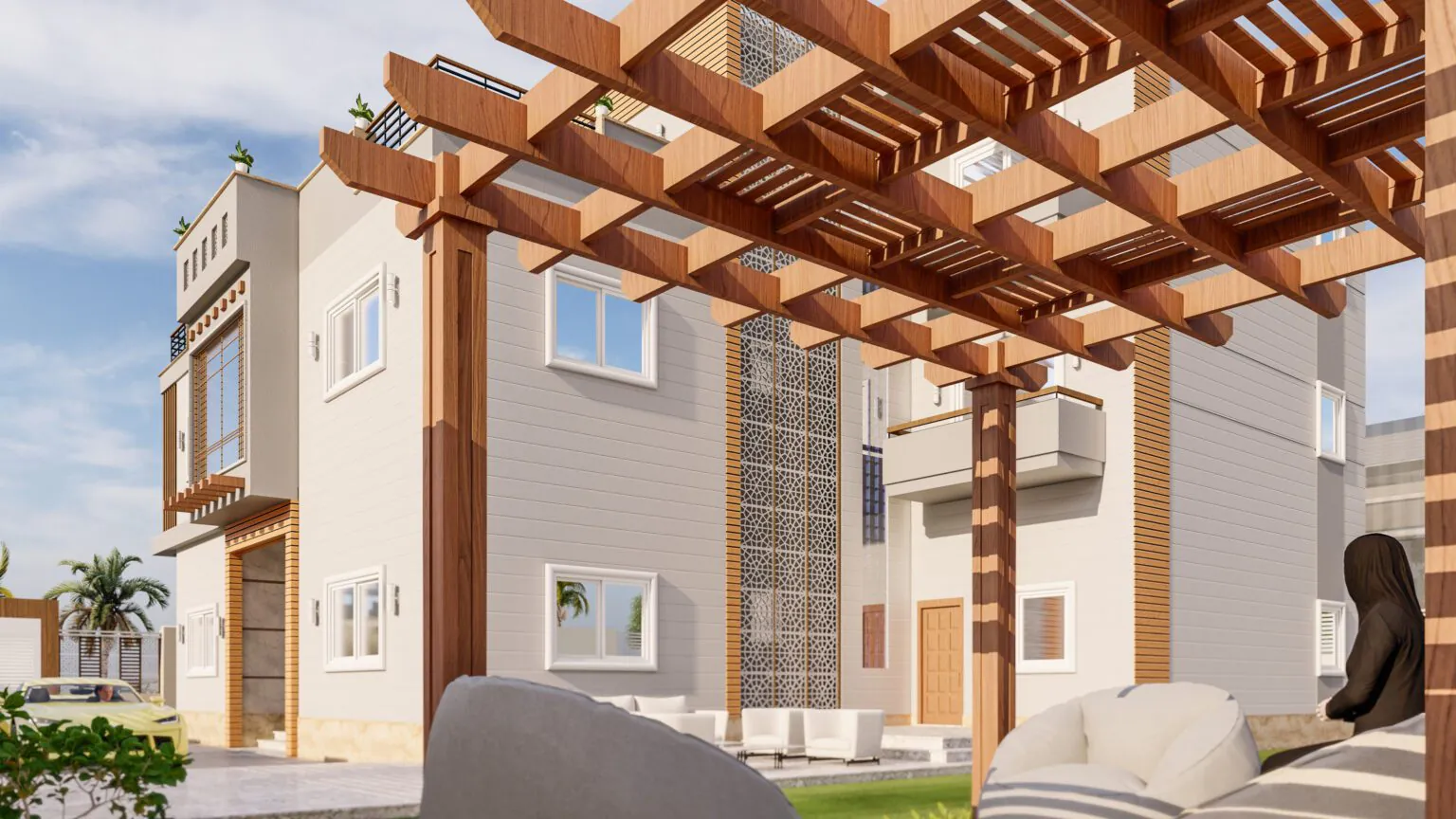 Cozy Courtyard: A private courtyard with lush greenery, comfortable seating, and a relaxed, welcoming vibe.